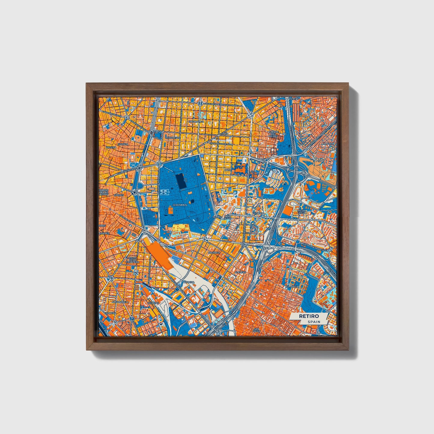 Retiro Spain Colorful City Map Canvas Print • Dark Wooden Framed