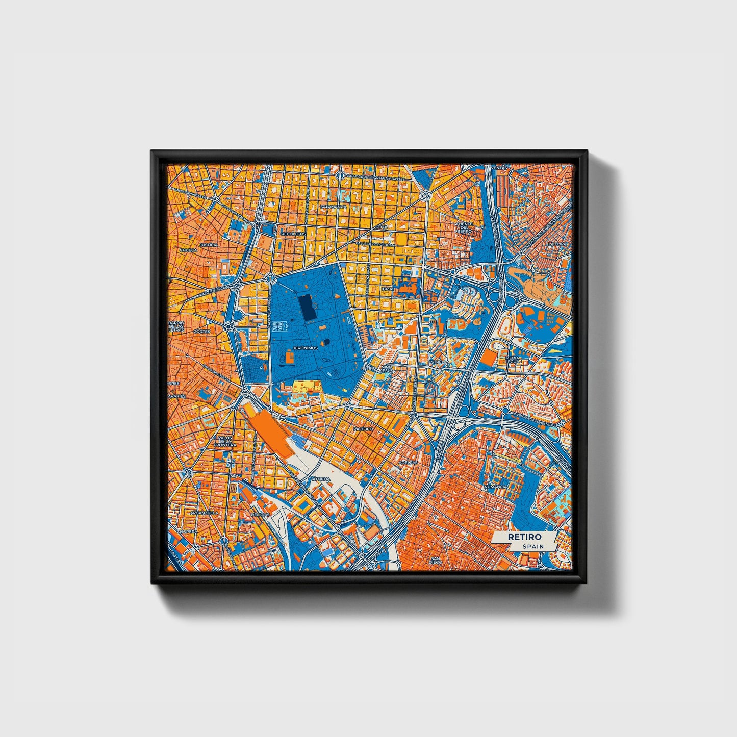 Retiro Spain Colorful City Map Canvas Print • Black Framed