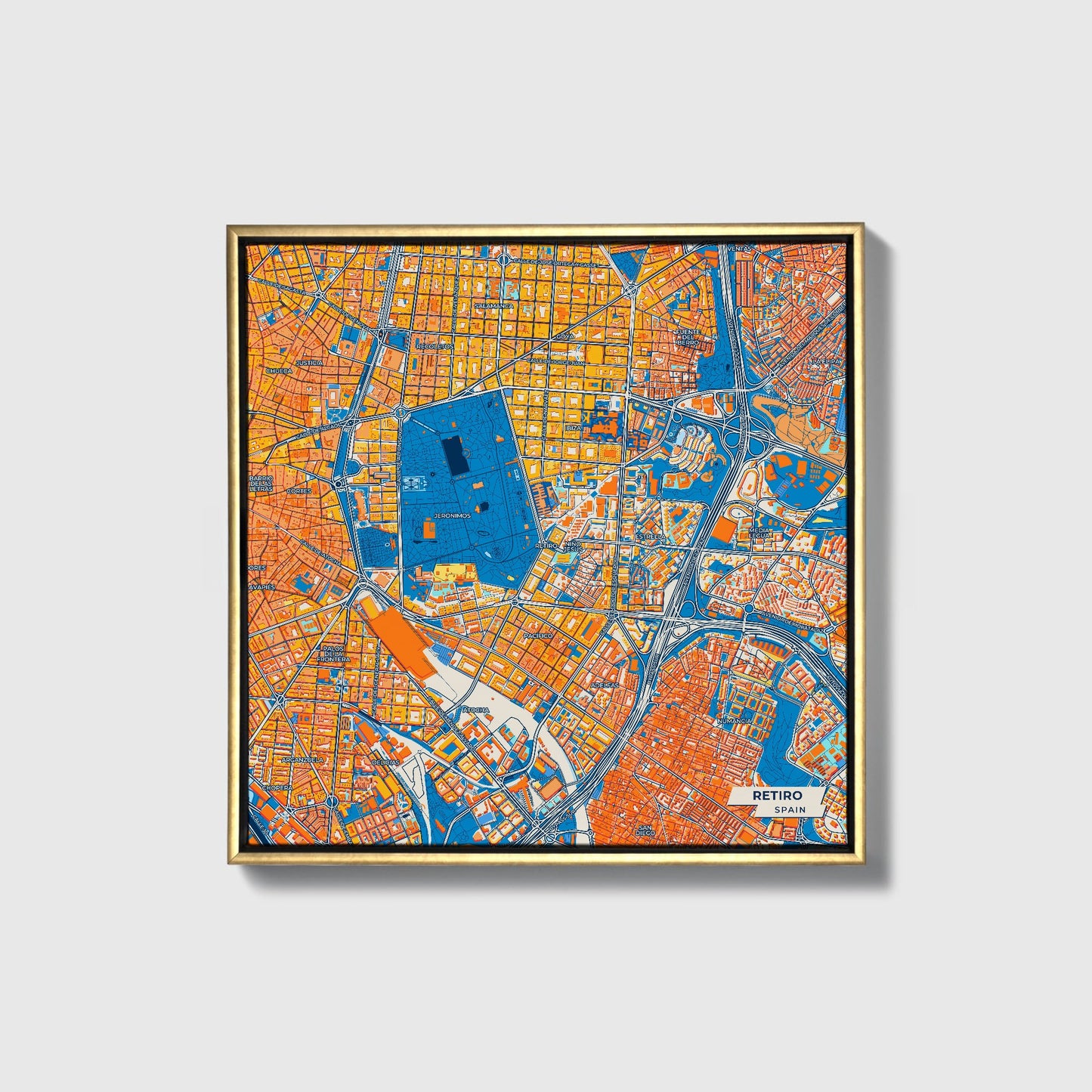 Retiro Spain Colorful City Map Canvas Print • Gold Framed