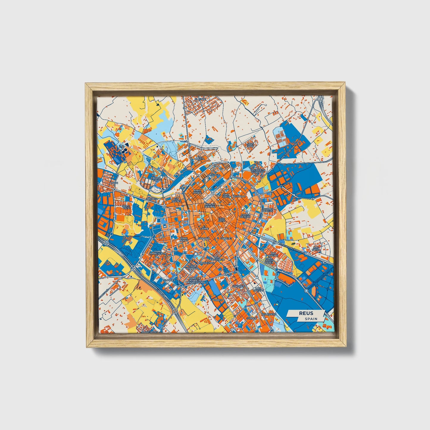 Reus Spain Colorful City Map Canvas Print • Natural Wooden Framed