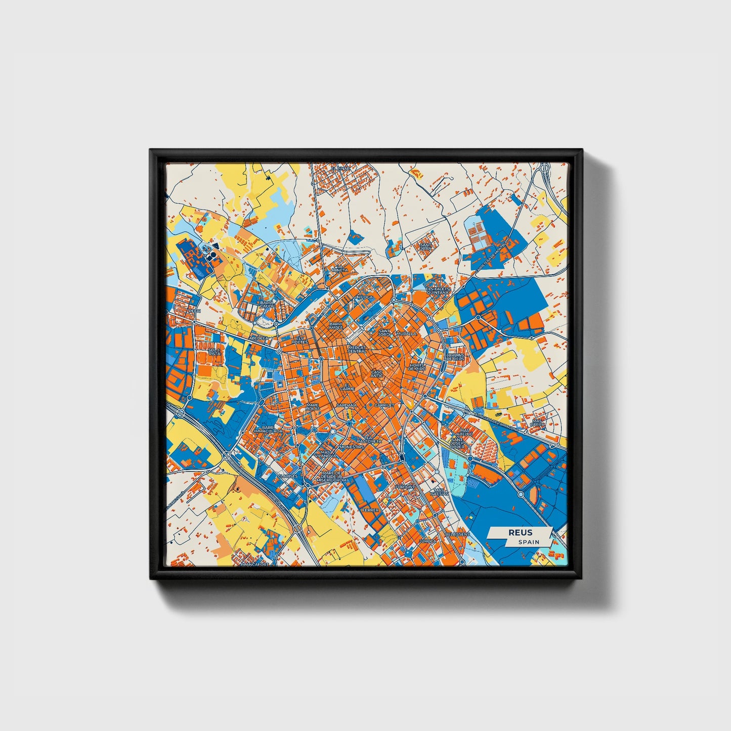 Reus Spain Colorful City Map Canvas Print • Black Framed