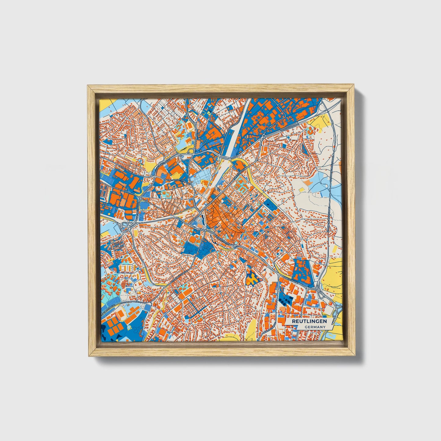 Reutlingen Germany Colorful City Map Canvas Print • Natural Wooden Framed