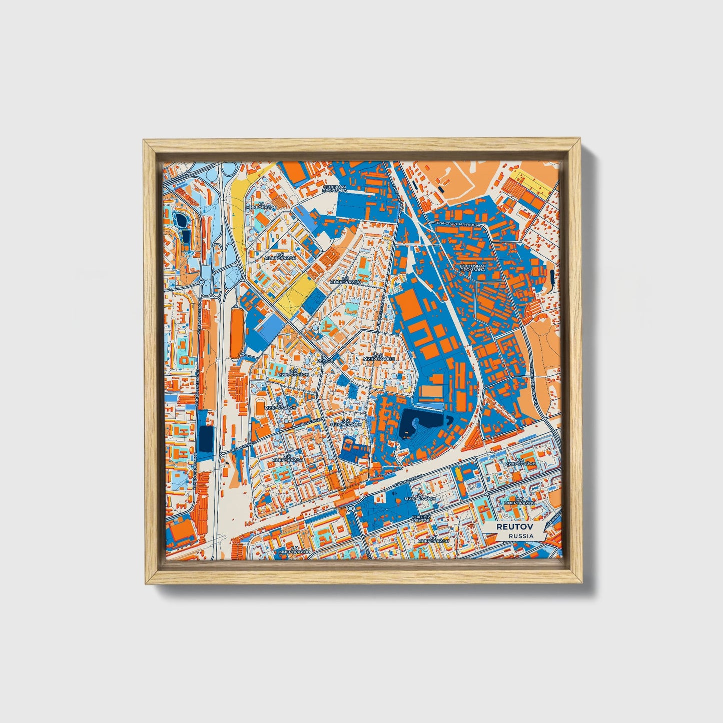 Реутов Russia Colorful City Map Canvas Print • Natural Wooden Framed