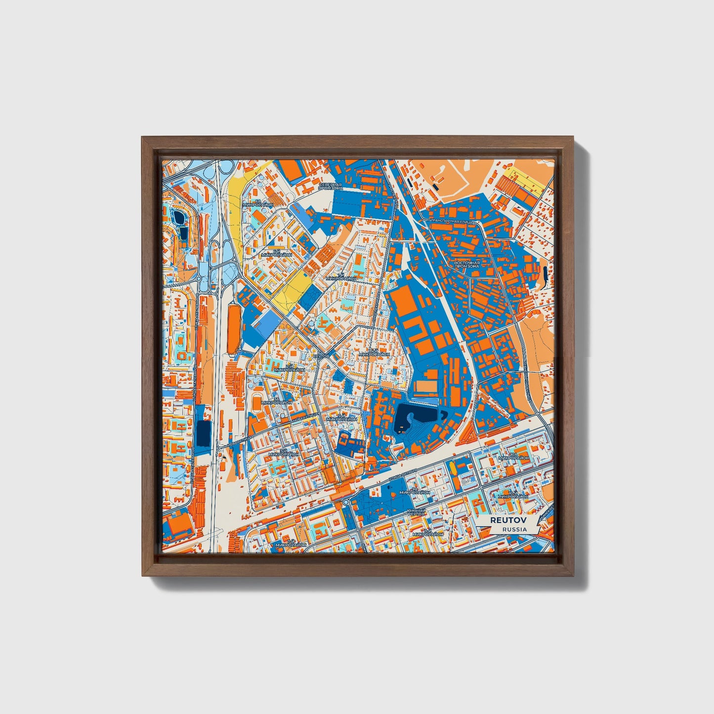 Реутов Russia Colorful City Map Canvas Print • Dark Wooden Framed