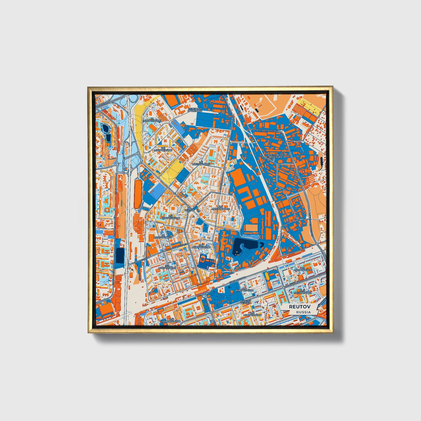 Реутов Russia Colorful City Map Canvas Print • Gold Framed