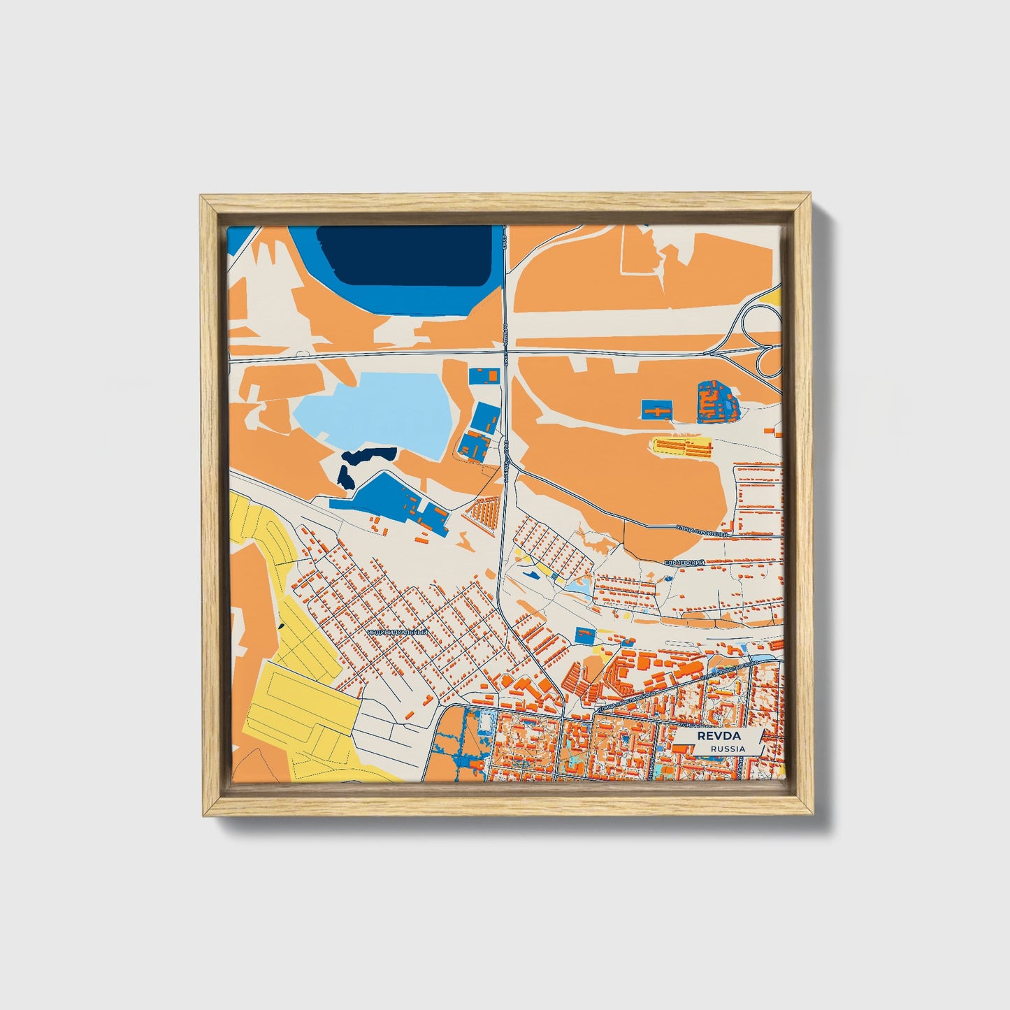 Ревда Russia Colorful City Map Canvas Print • Natural Wooden Framed
