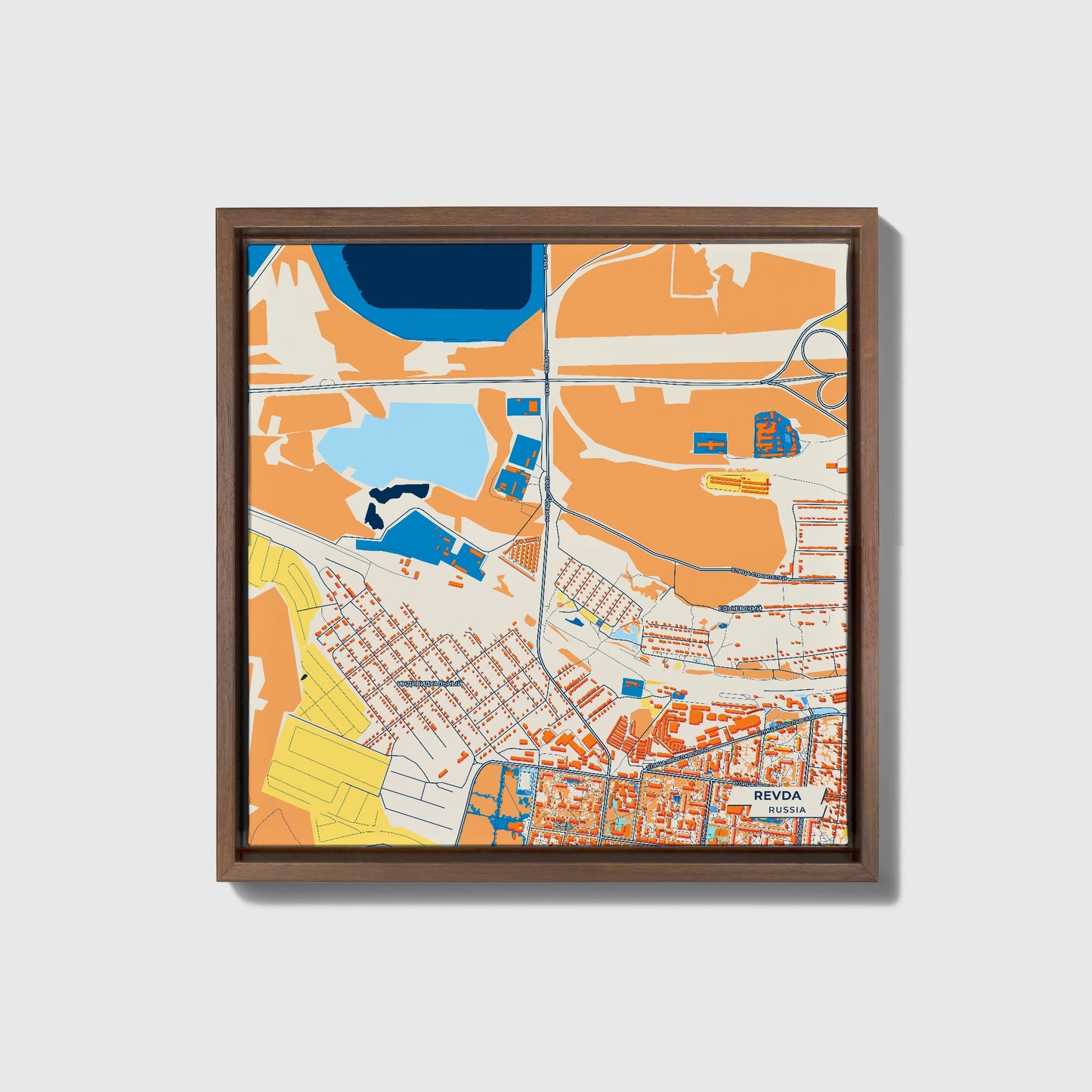 Ревда Russia Colorful City Map Canvas Print • Dark Wooden Framed