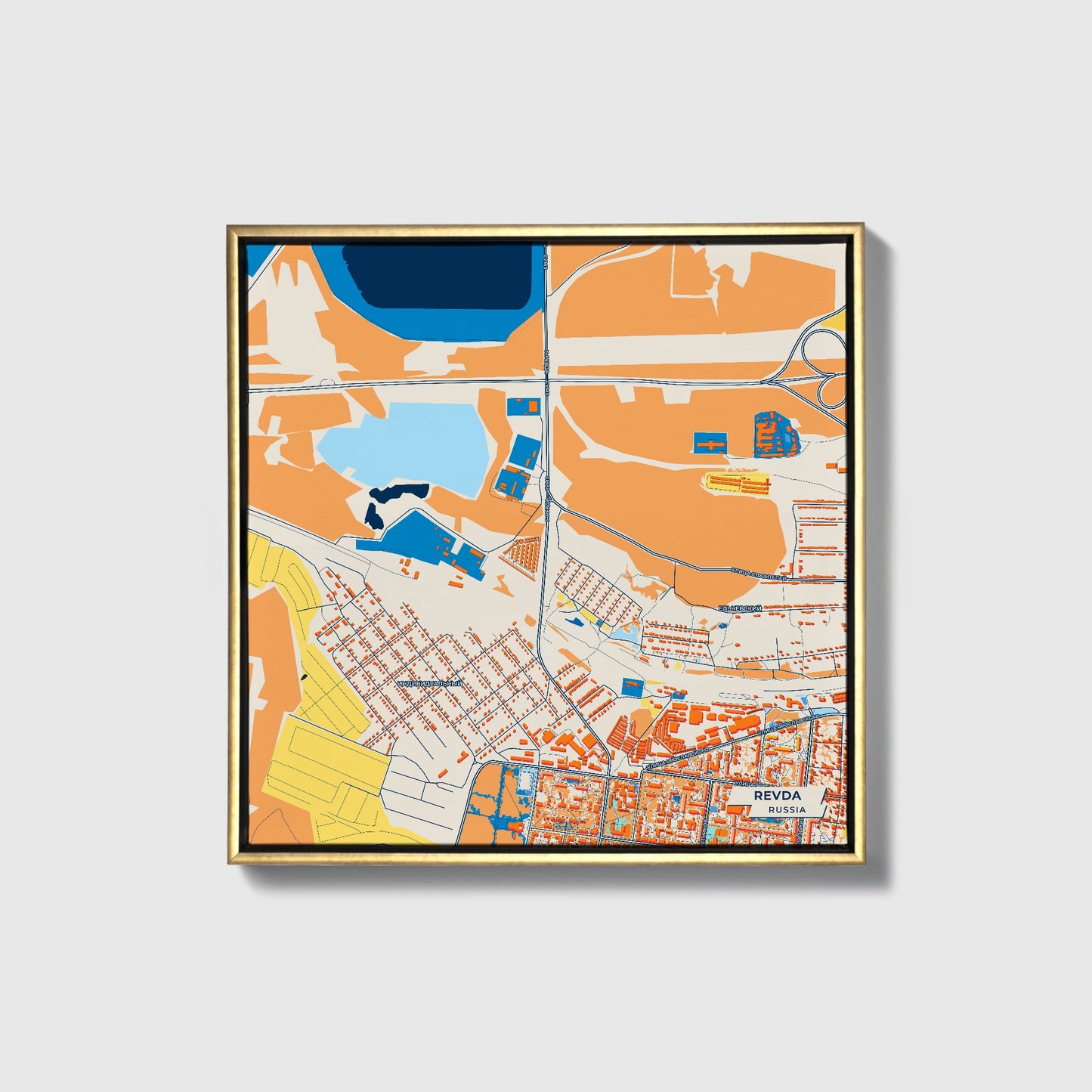 Ревда Russia Colorful City Map Canvas Print • Gold Framed