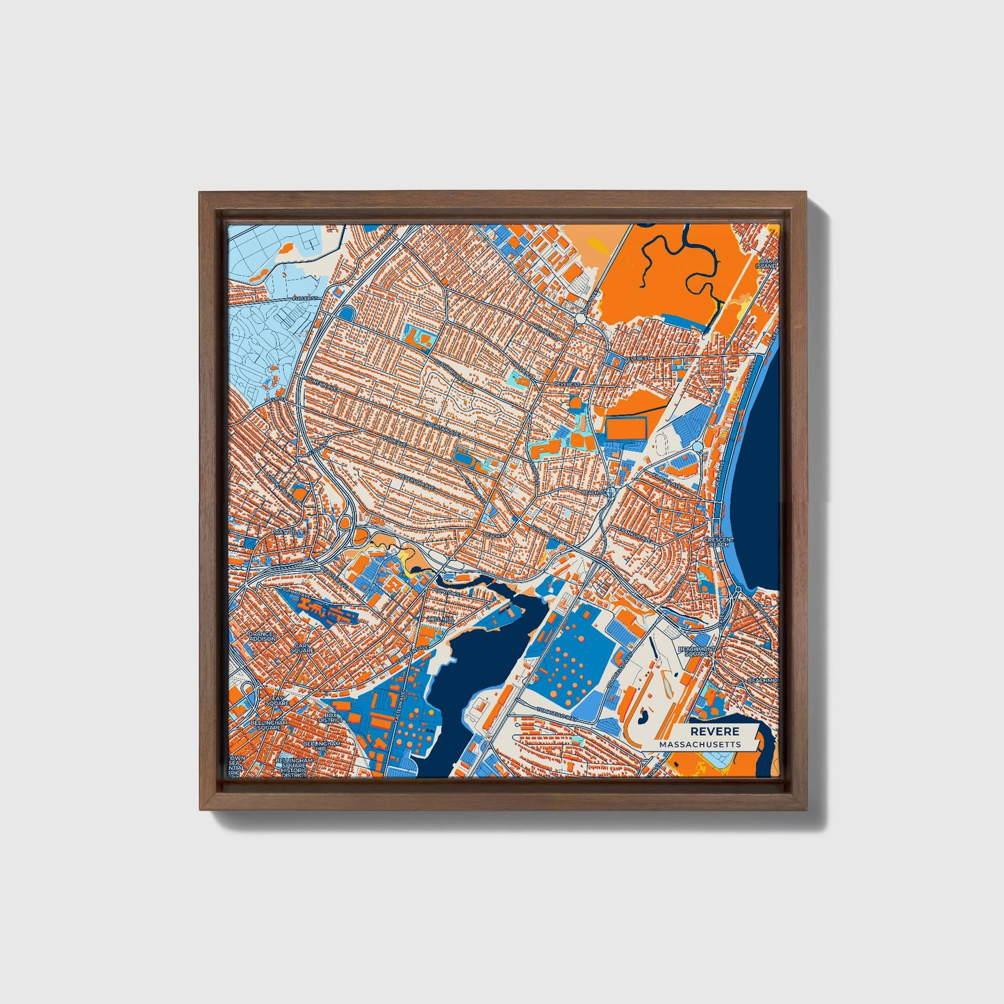 Revere Massachusetts Colorful City Map Canvas Print • Dark Wooden Framed