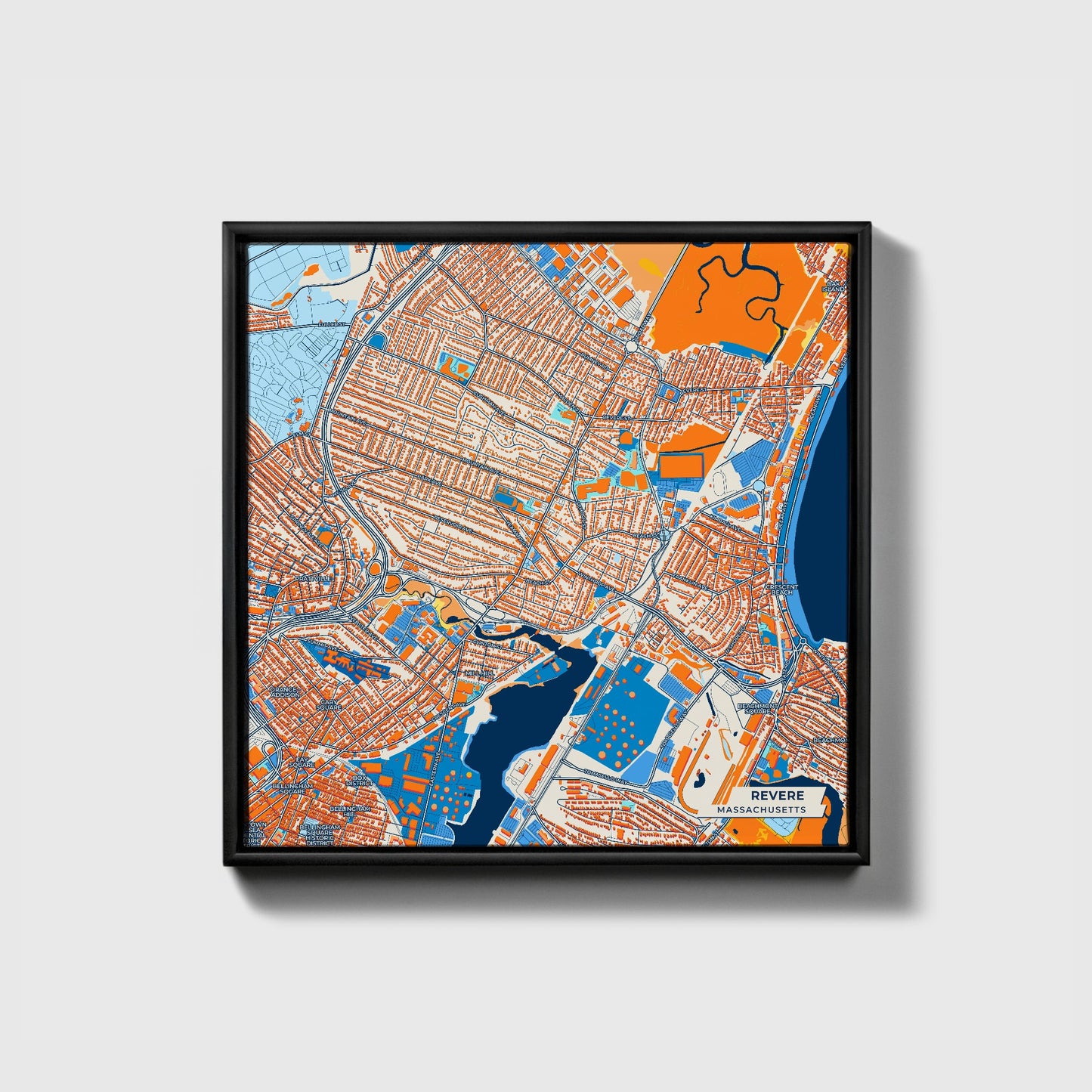 Revere Massachusetts Colorful City Map Canvas Print • Black Framed