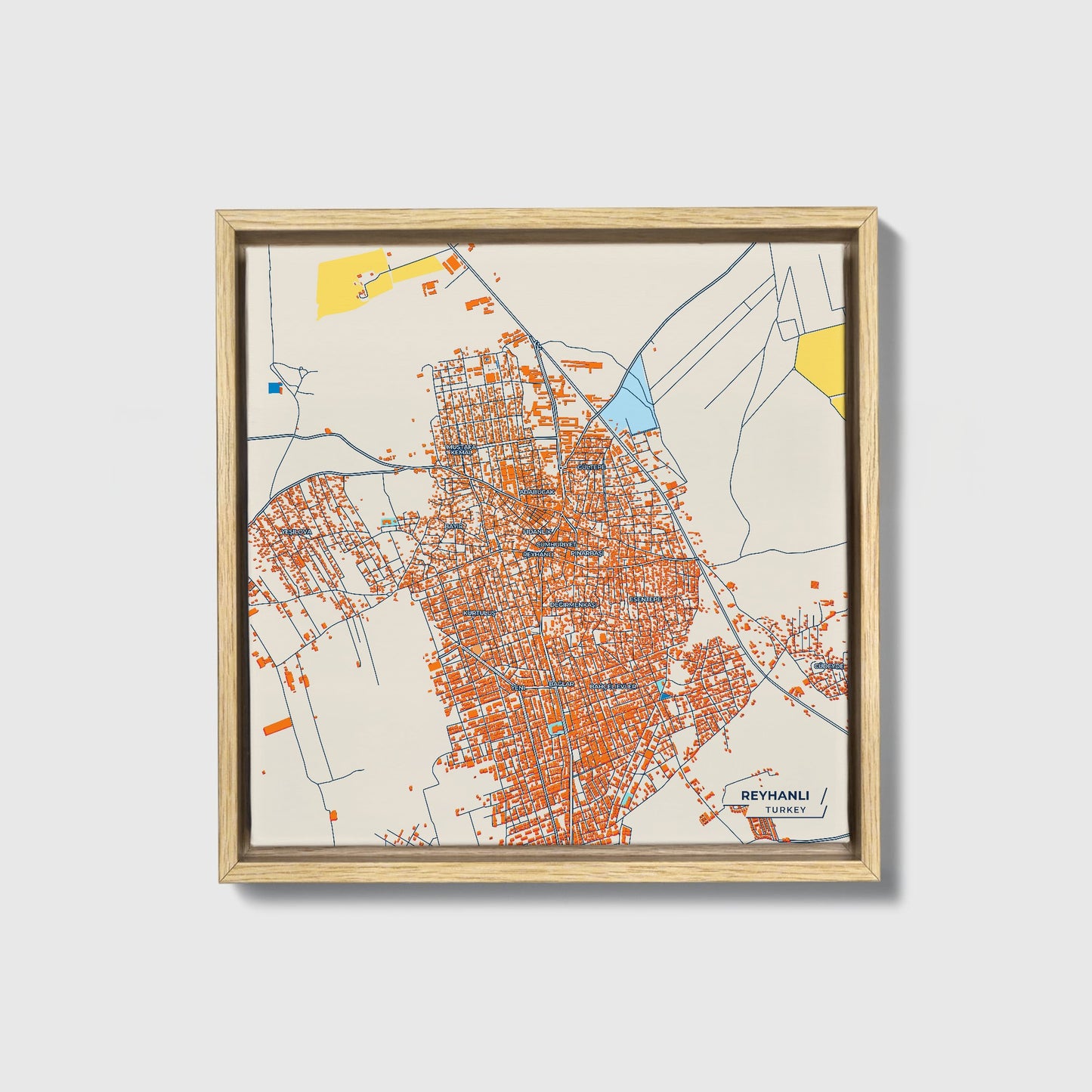 Reyhanli Turkey Colorful City Map Canvas Print • Natural Wooden Framed