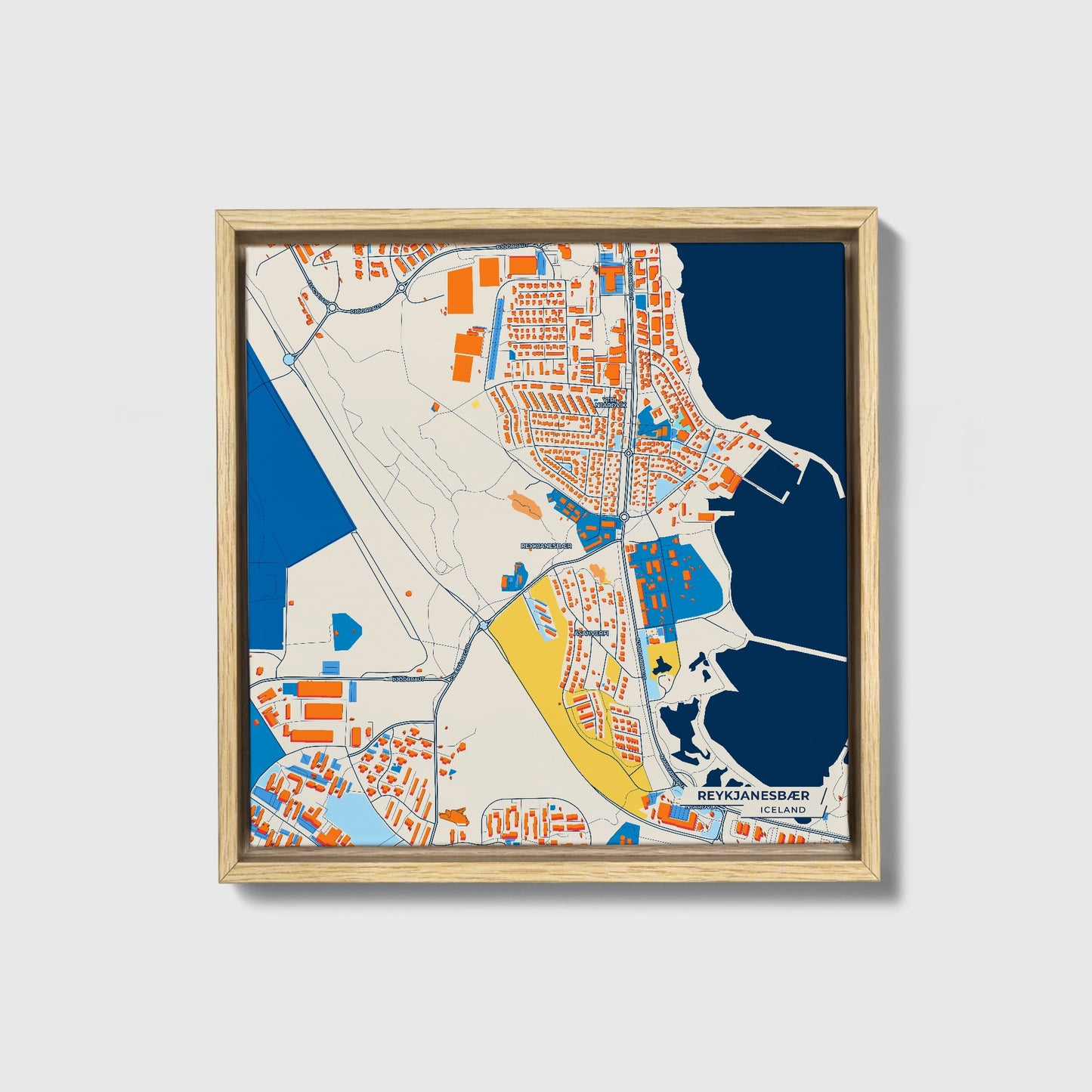 Reykjanesbær Iceland Colorful City Map Canvas Print • Natural Wooden Framed