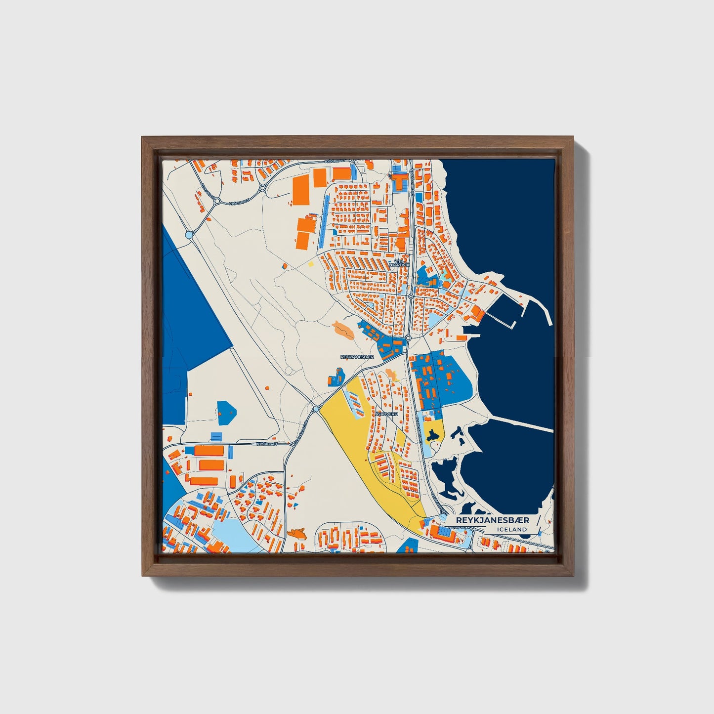 Reykjanesbær Iceland Colorful City Map Canvas Print • Dark Wooden Framed