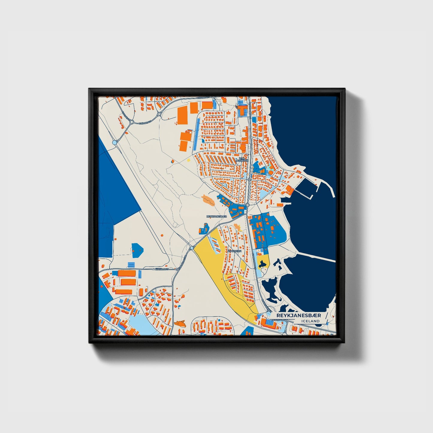 Reykjanesbær Iceland Colorful City Map Canvas Print • Black Framed