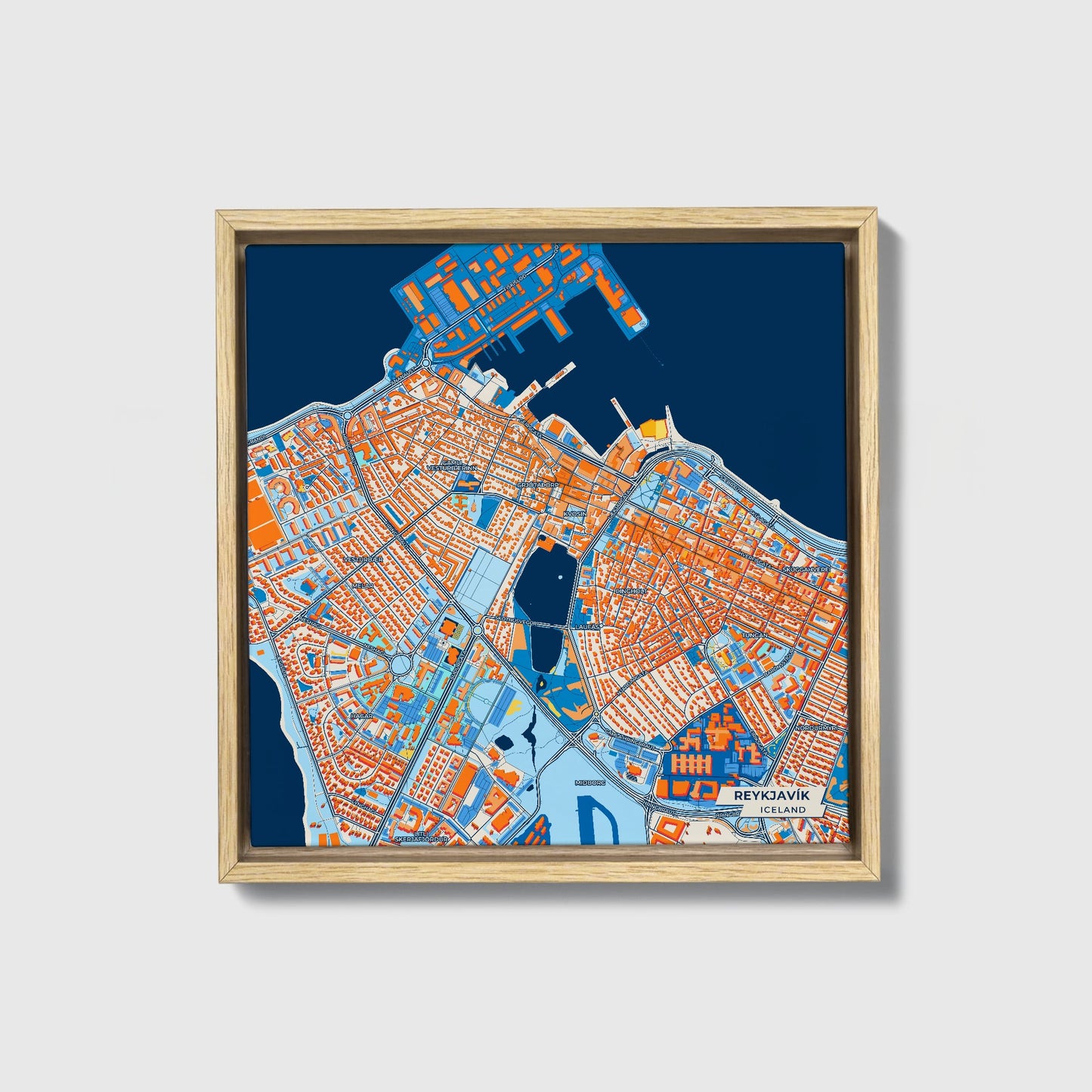Reykjavík Iceland Colorful City Map Canvas Print • Natural Wooden Framed