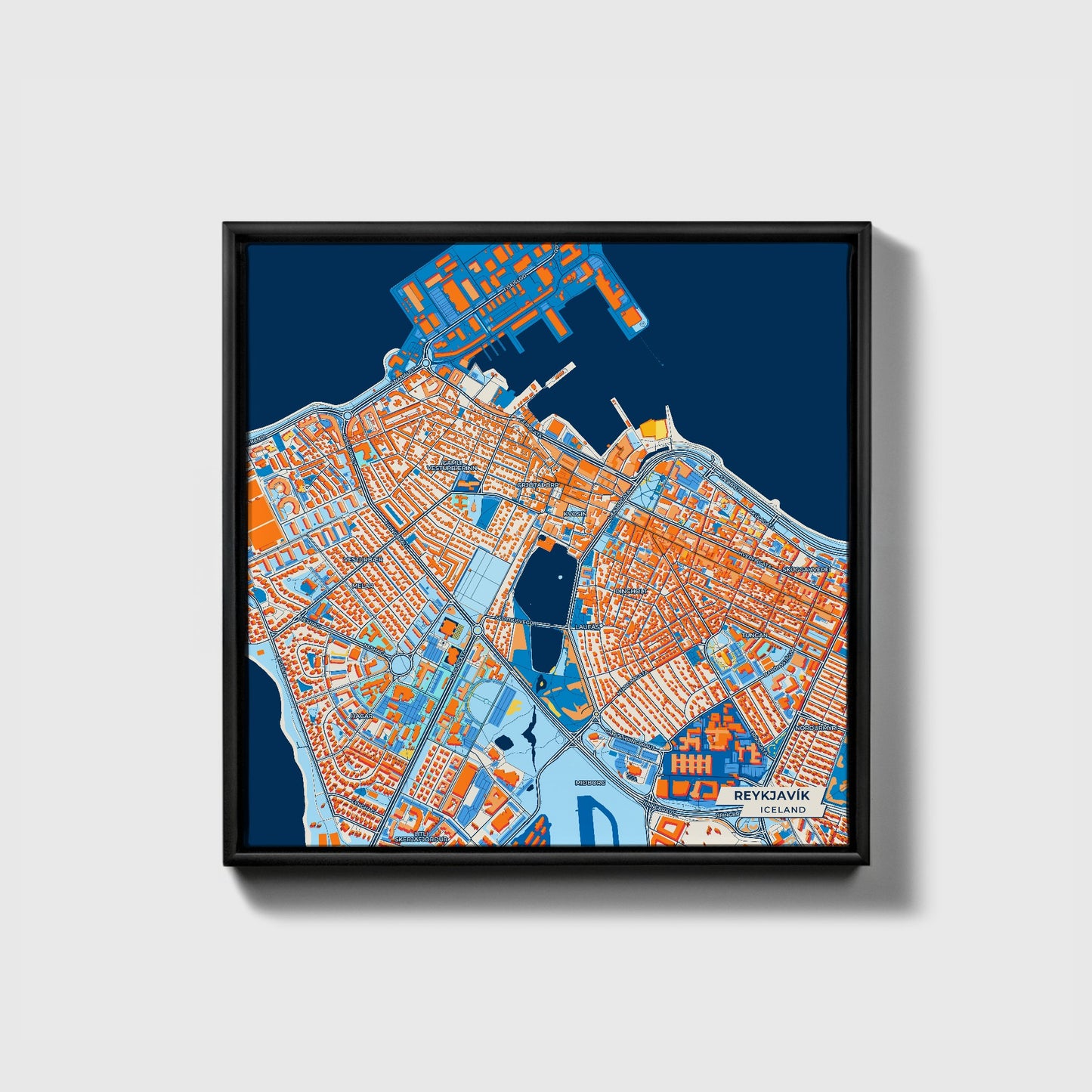 Reykjavík Iceland Colorful City Map Canvas Print • Black Framed