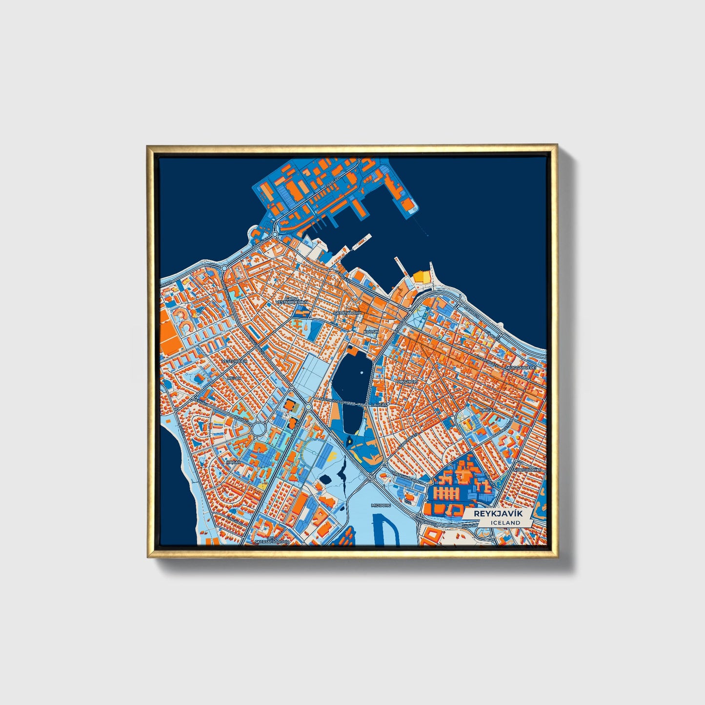 Reykjavík Iceland Colorful City Map Canvas Print • Gold Framed