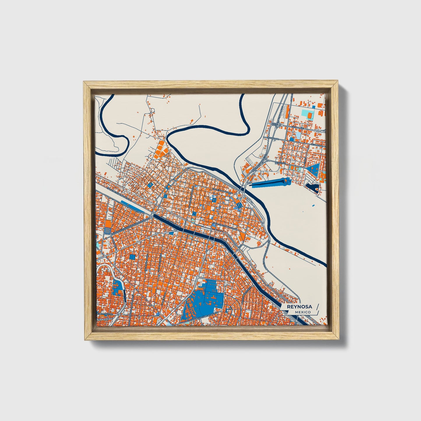 Reynosa Mexico Colorful City Map Canvas Print • Natural Wooden Framed