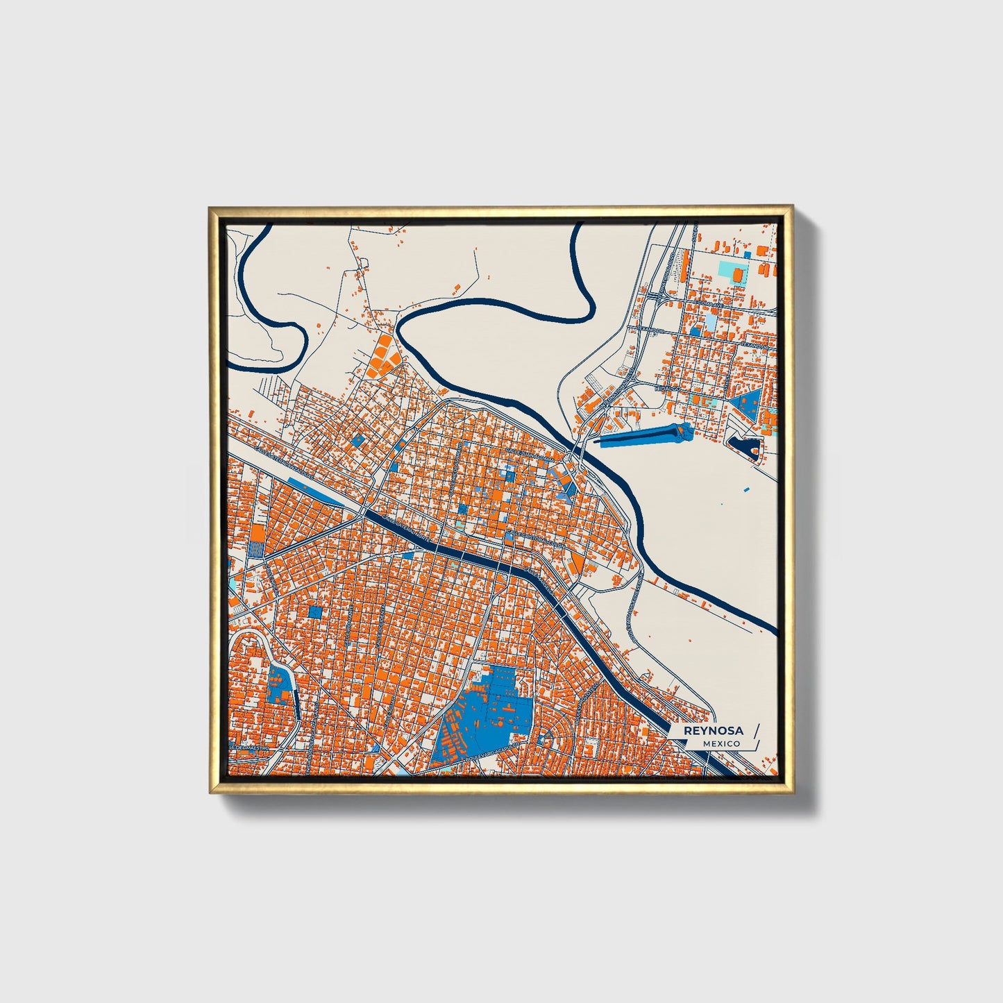 Reynosa Mexico Colorful City Map Canvas Print • Gold Framed