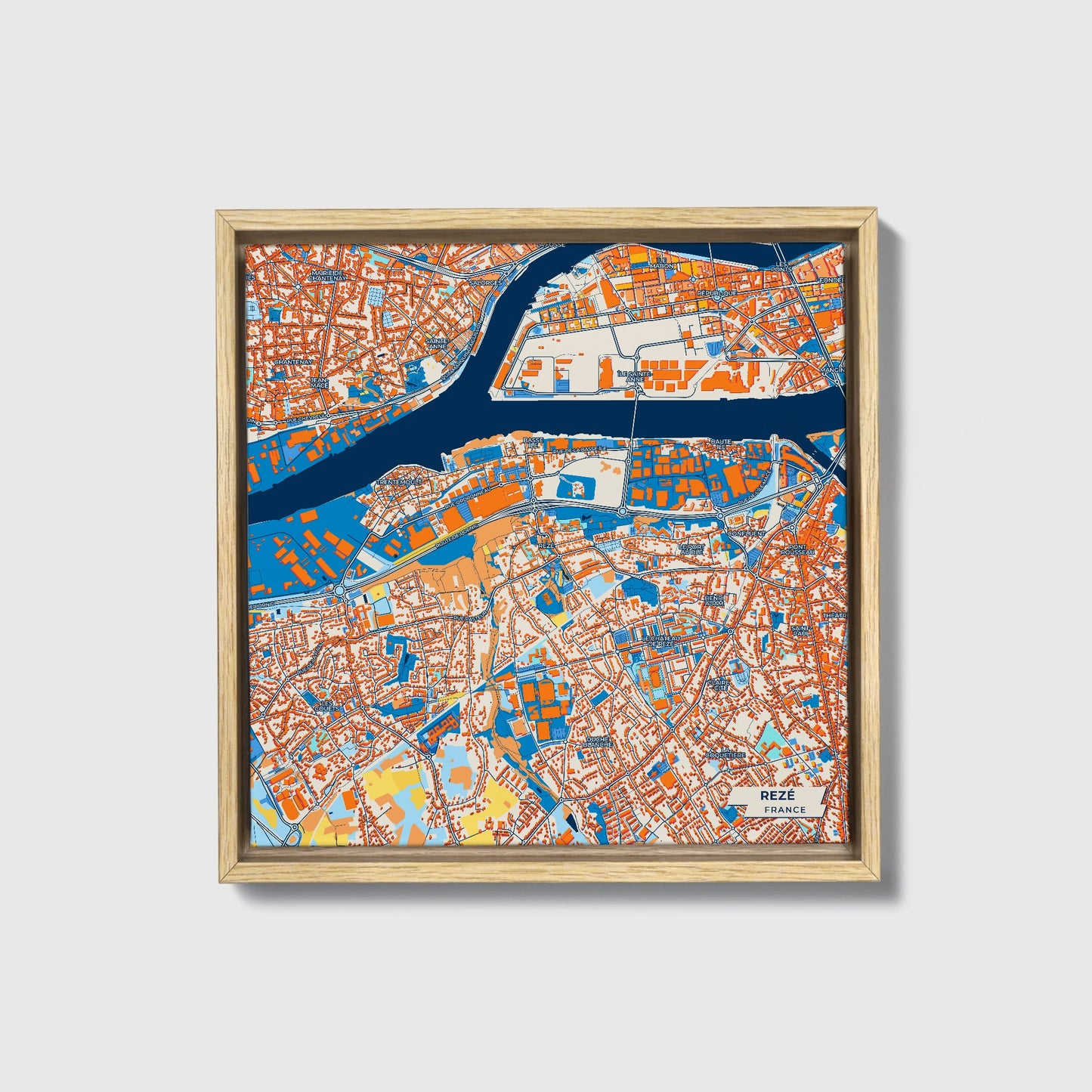 Rezé France Colorful City Map Canvas Print • Natural Wooden Framed