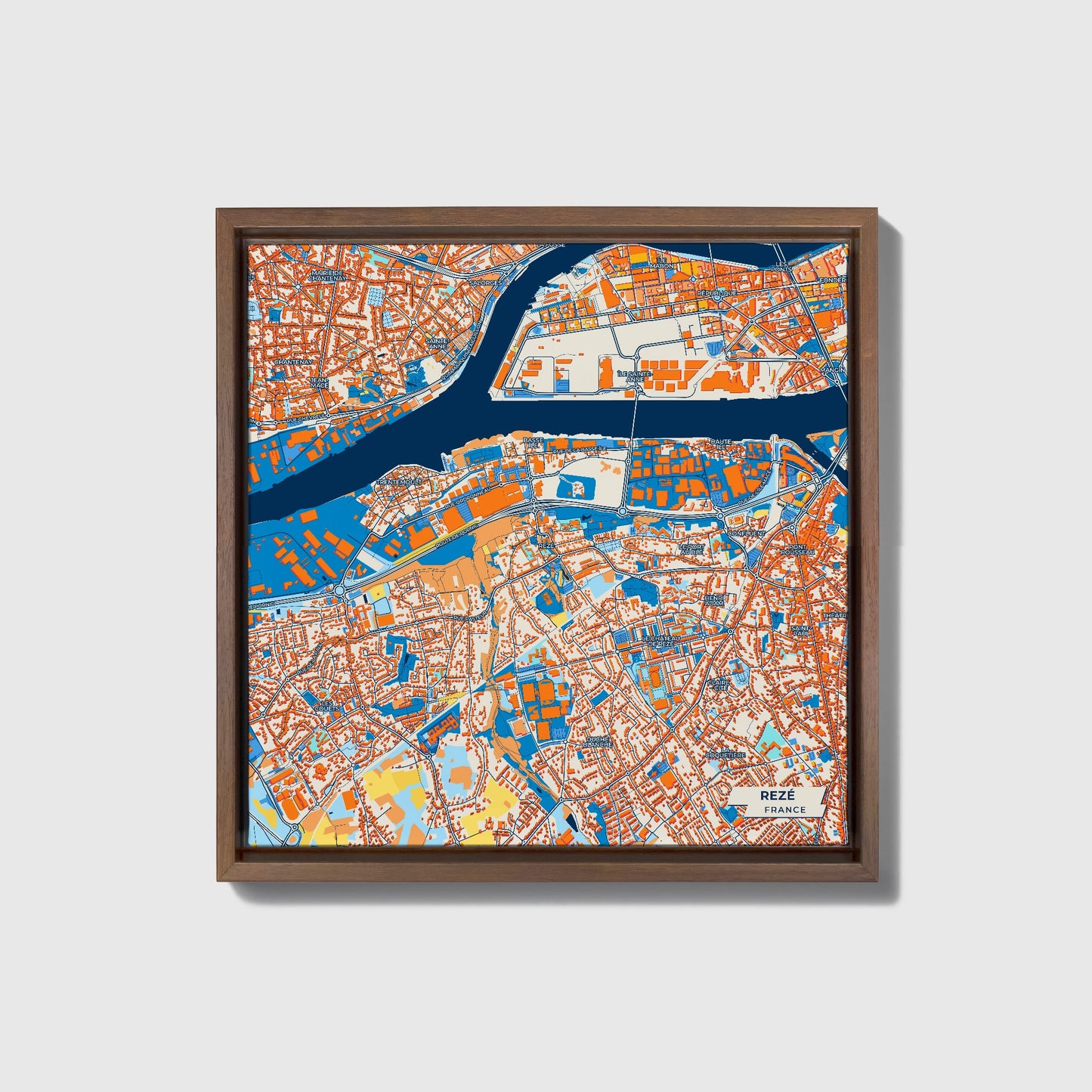 Rezé France Colorful City Map Canvas Print • Dark Wooden Framed
