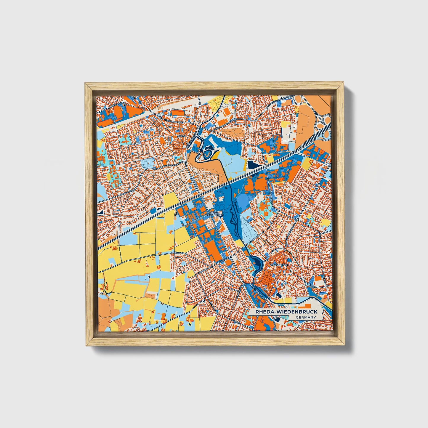 Rheda-Wiedenbrück Germany Colorful City Map Canvas Print • Natural Wooden Framed