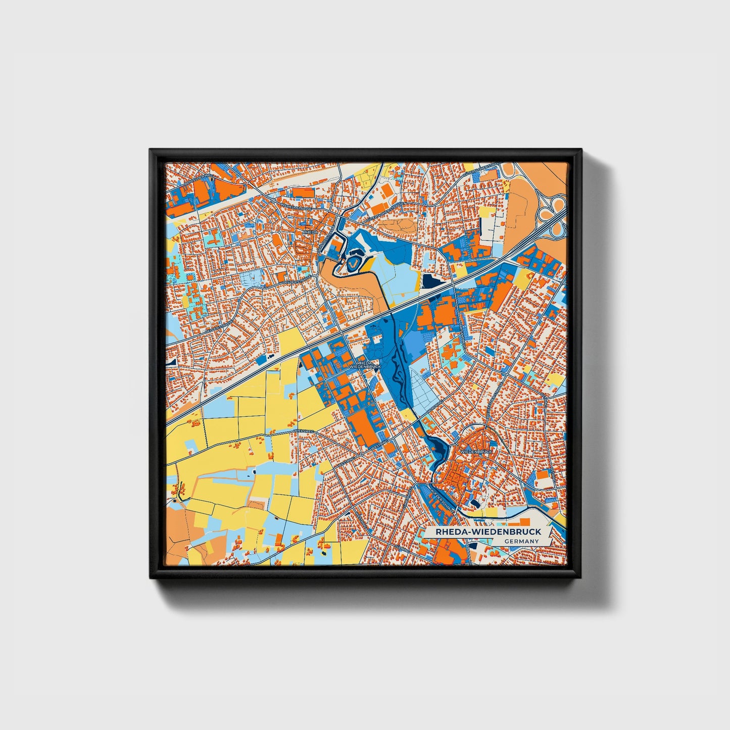 Rheda-Wiedenbrück Germany Colorful City Map Canvas Print • Black Framed