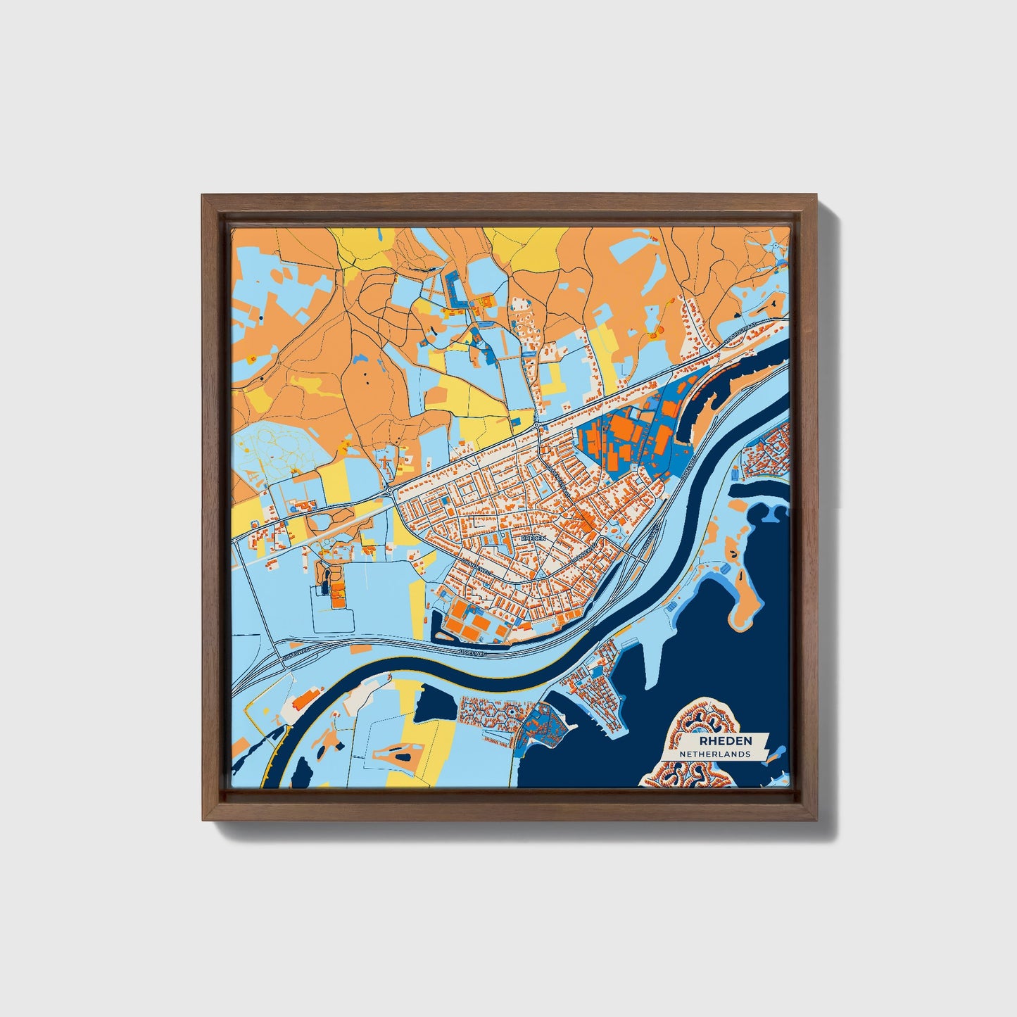 Rheden Netherlands Colorful City Map Canvas Print • Dark Wooden Framed