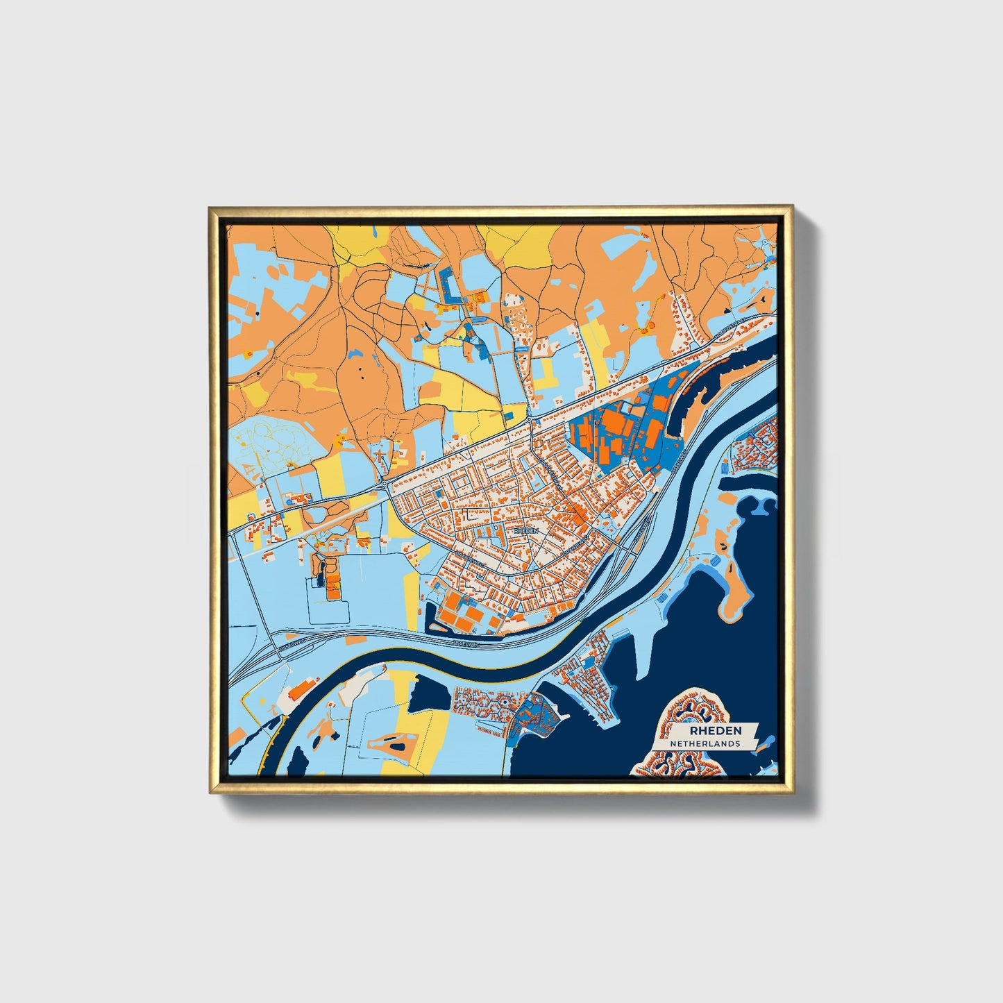 Rheden Netherlands Colorful City Map Canvas Print • Gold Framed