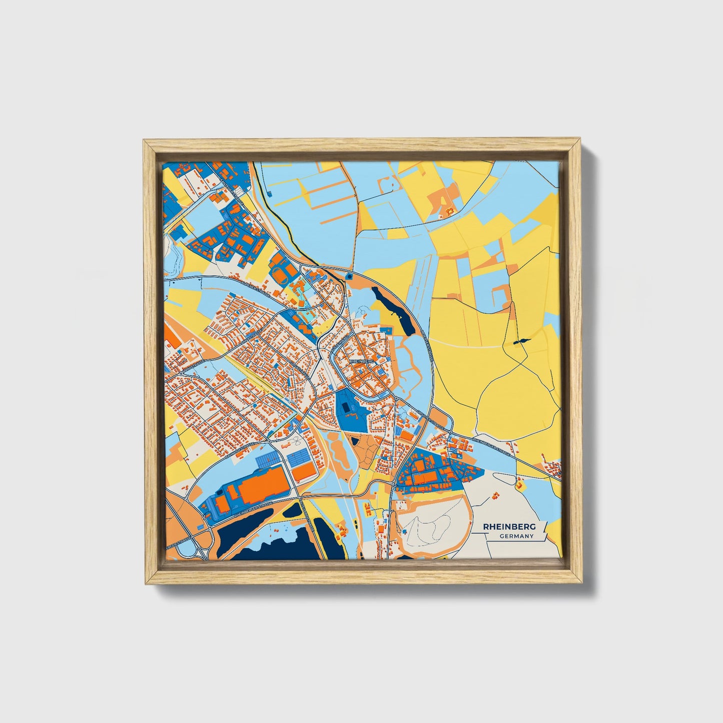 Rheinberg Germany Colorful City Map Canvas Print • Natural Wooden Framed