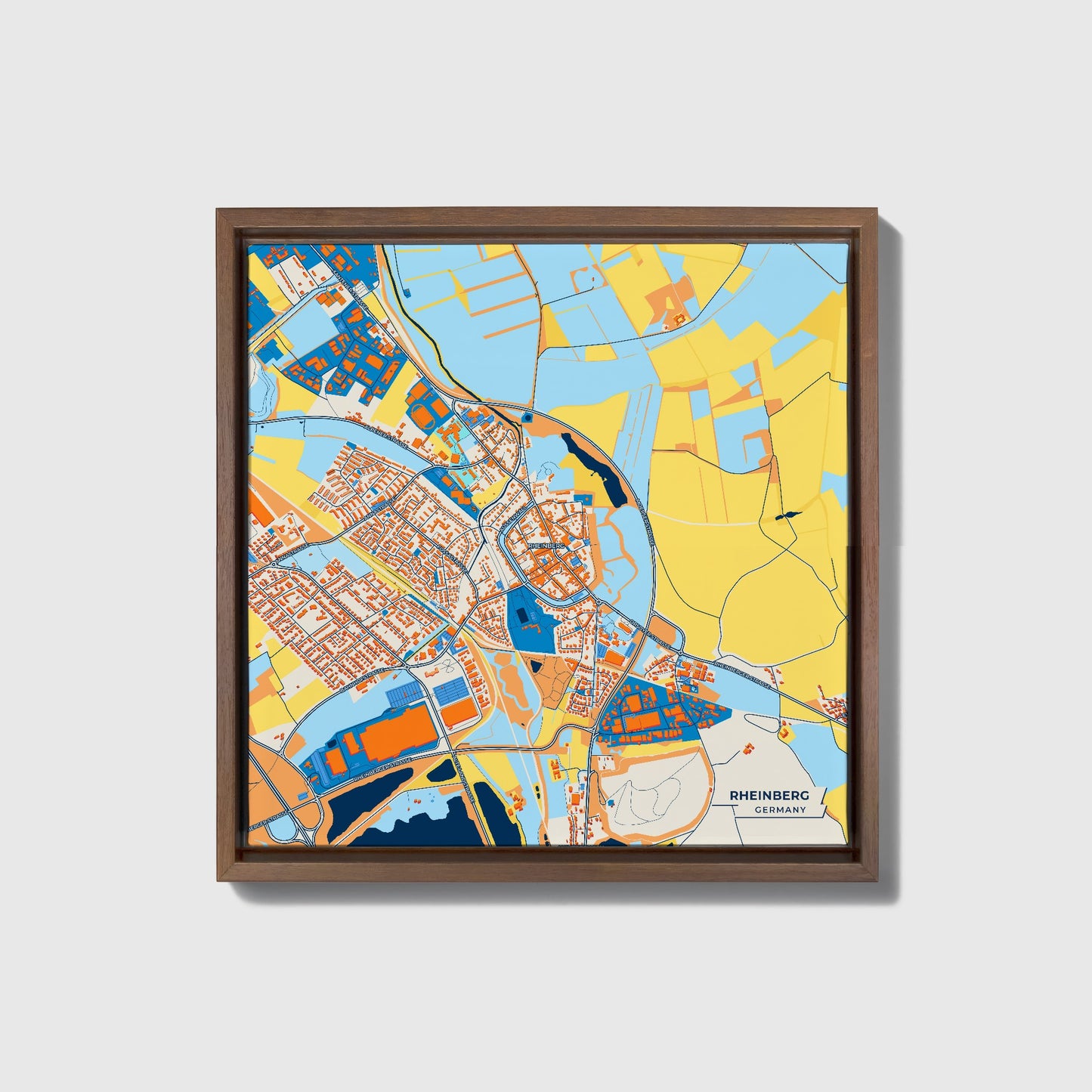 Rheinberg Germany Colorful City Map Canvas Print • Dark Wooden Framed