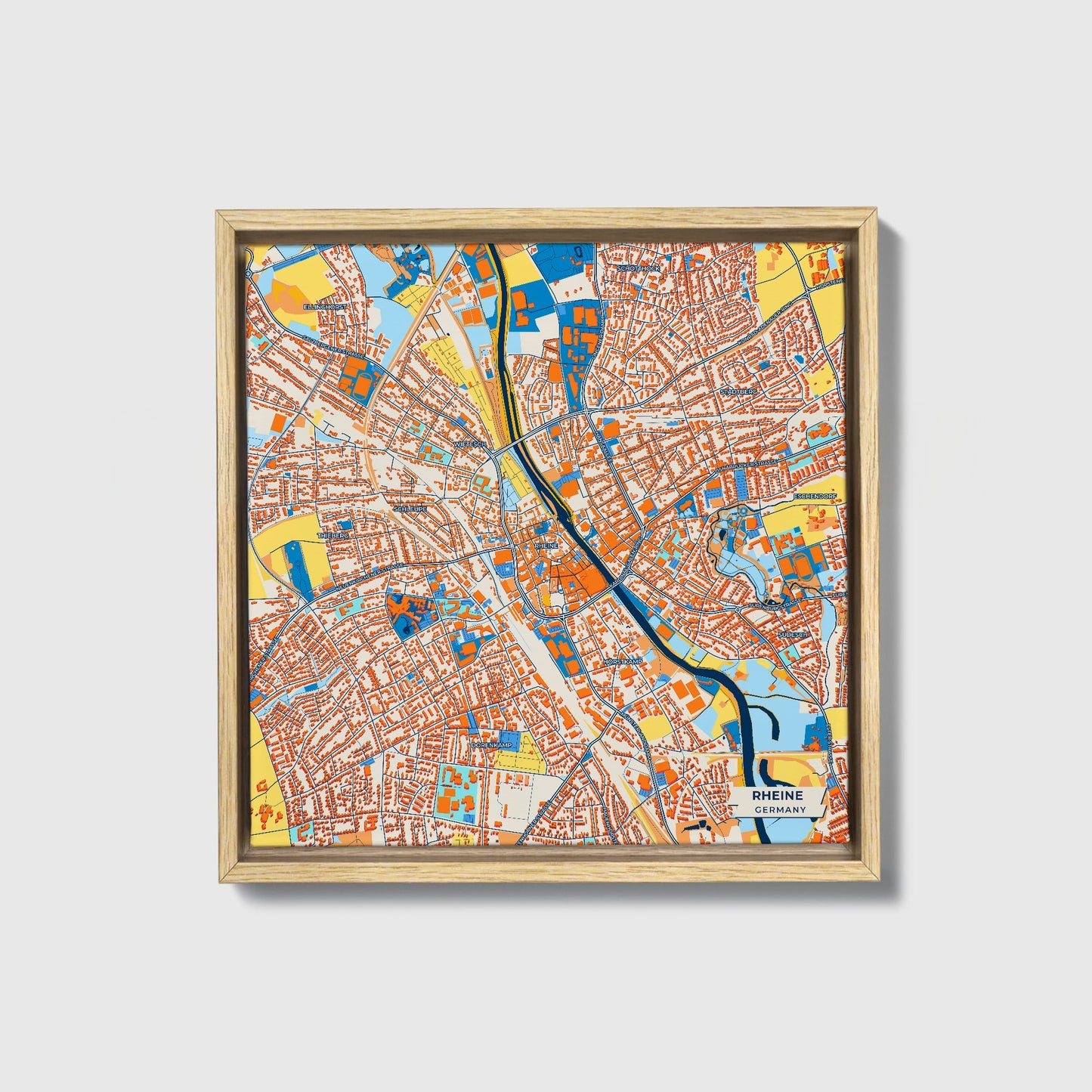 Rheine Germany Colorful City Map Canvas Print • Natural Wooden Framed
