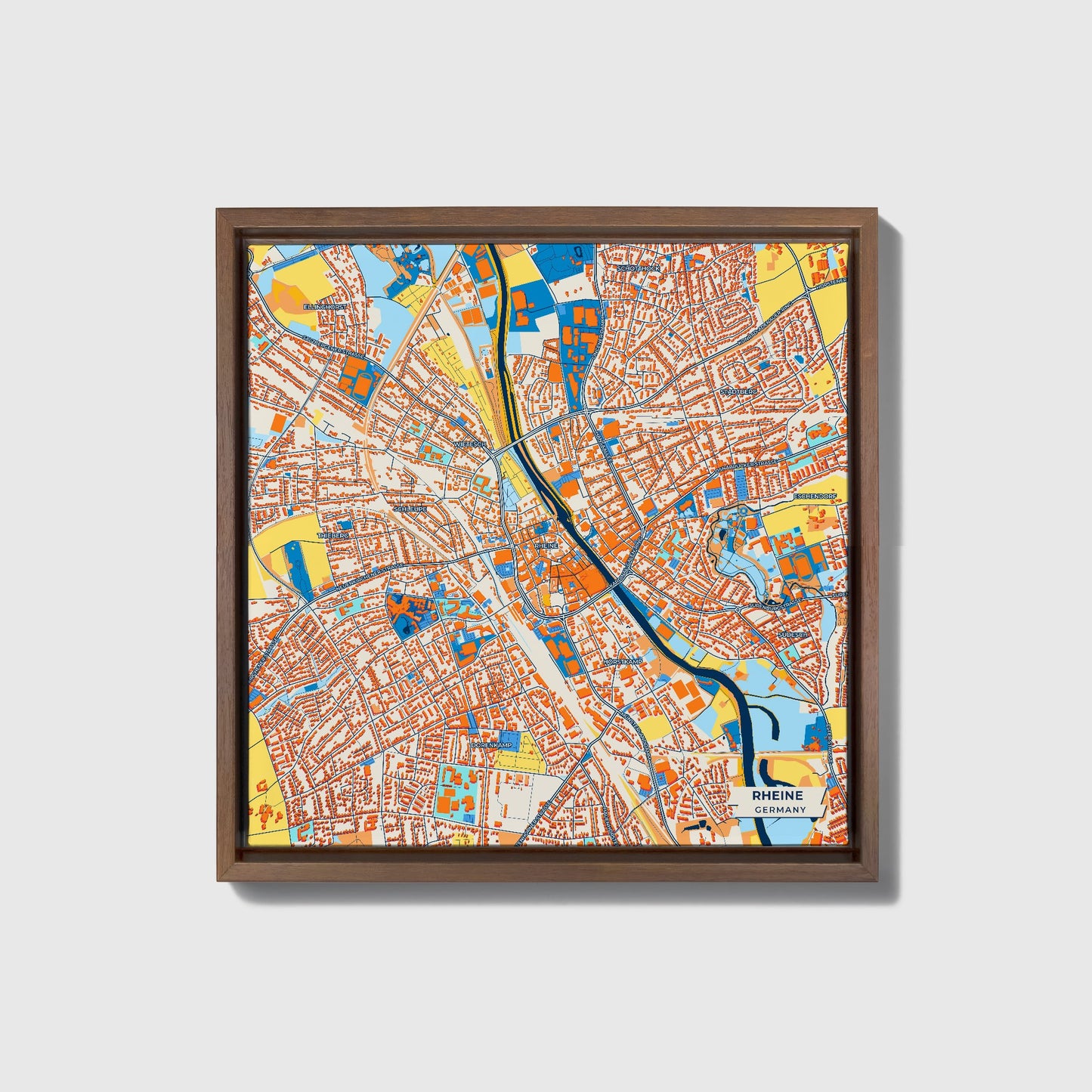 Rheine Germany Colorful City Map Canvas Print • Dark Wooden Framed