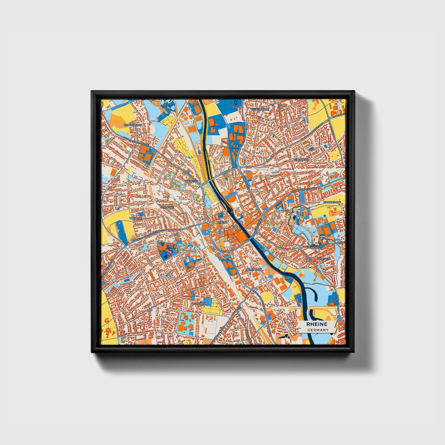 Rheine Germany Colorful City Map Canvas Print • Black Framed