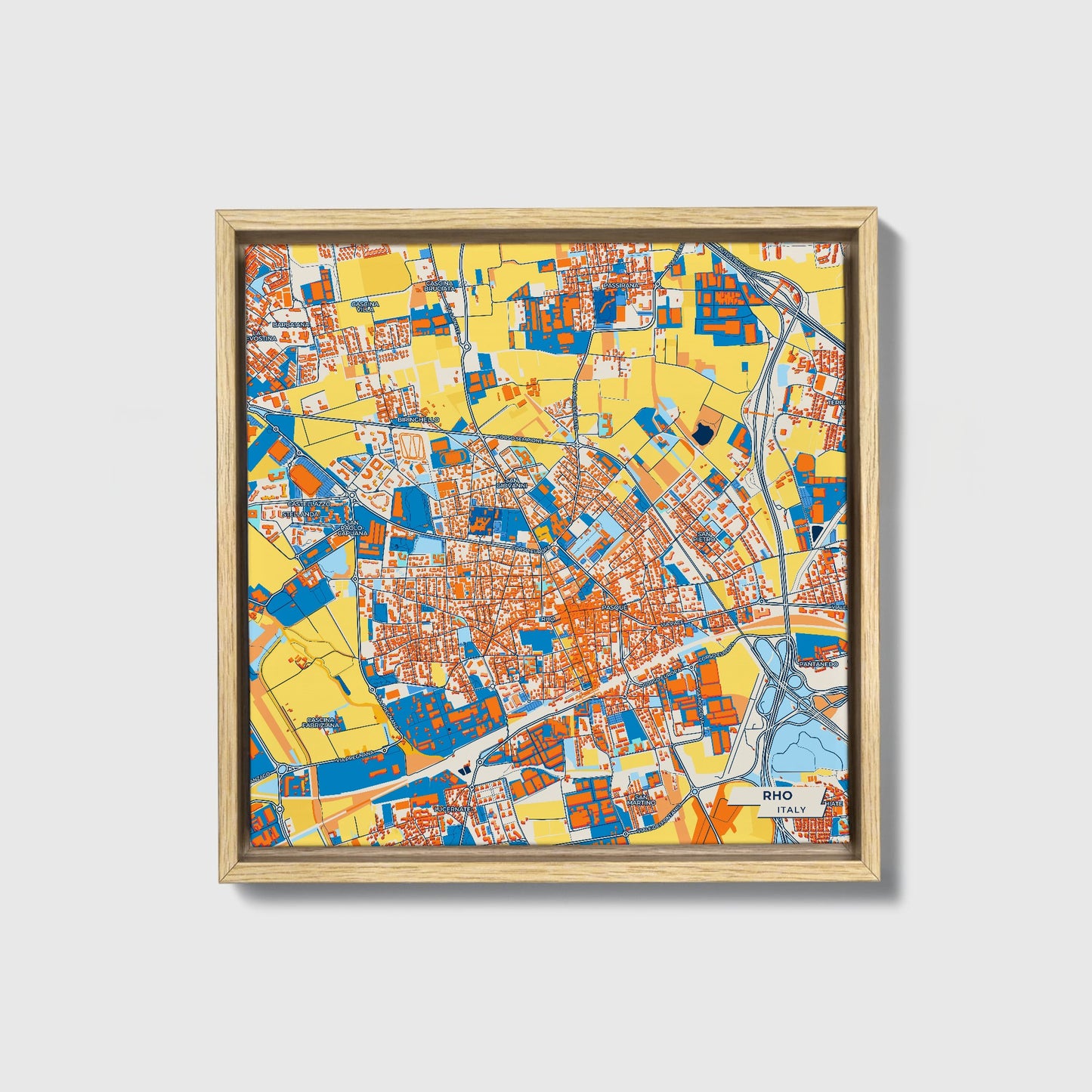 Rho Italy Colorful City Map Canvas Print • Natural Wooden Framed