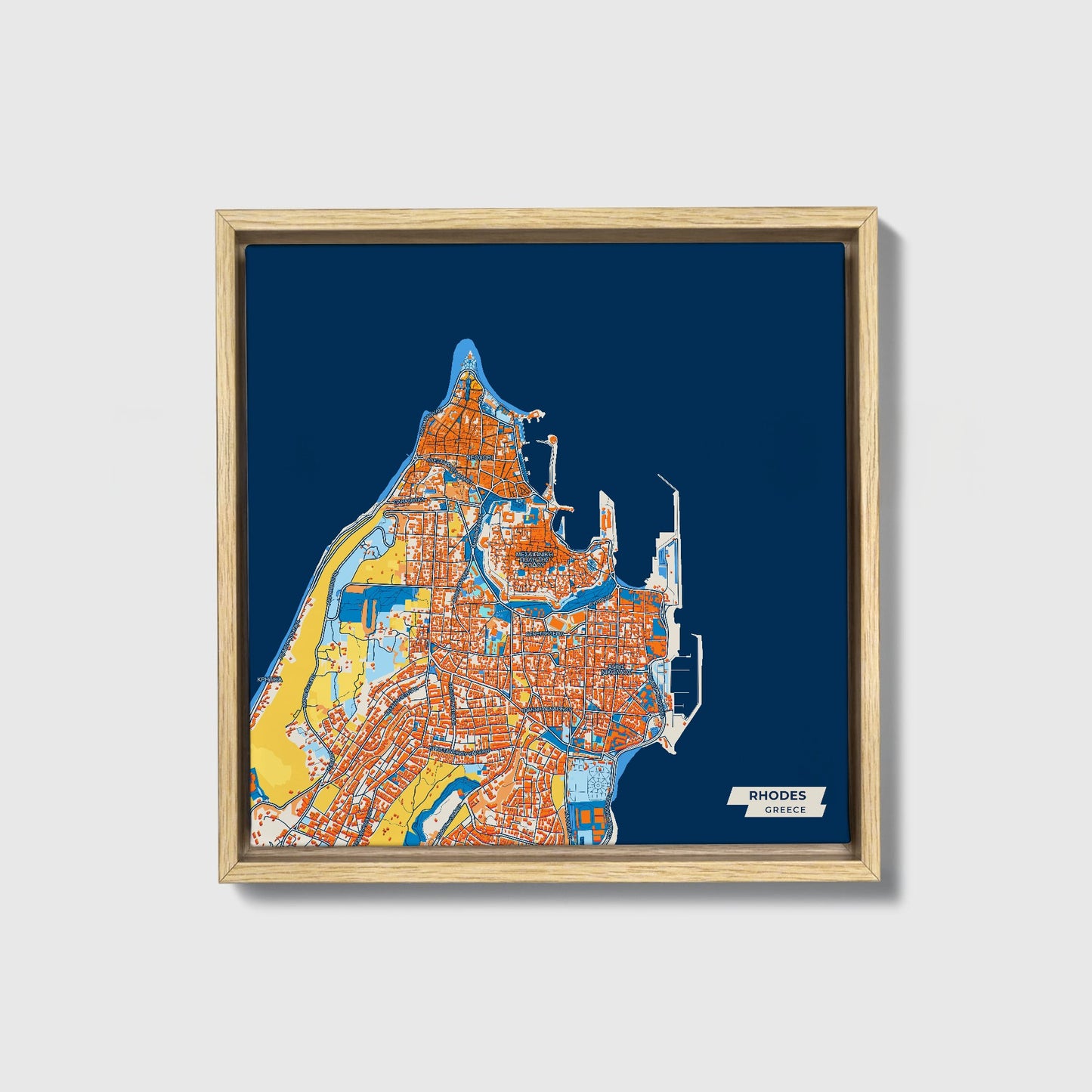 Ροδος Greece Colorful City Map Canvas Print • Natural Wooden Framed