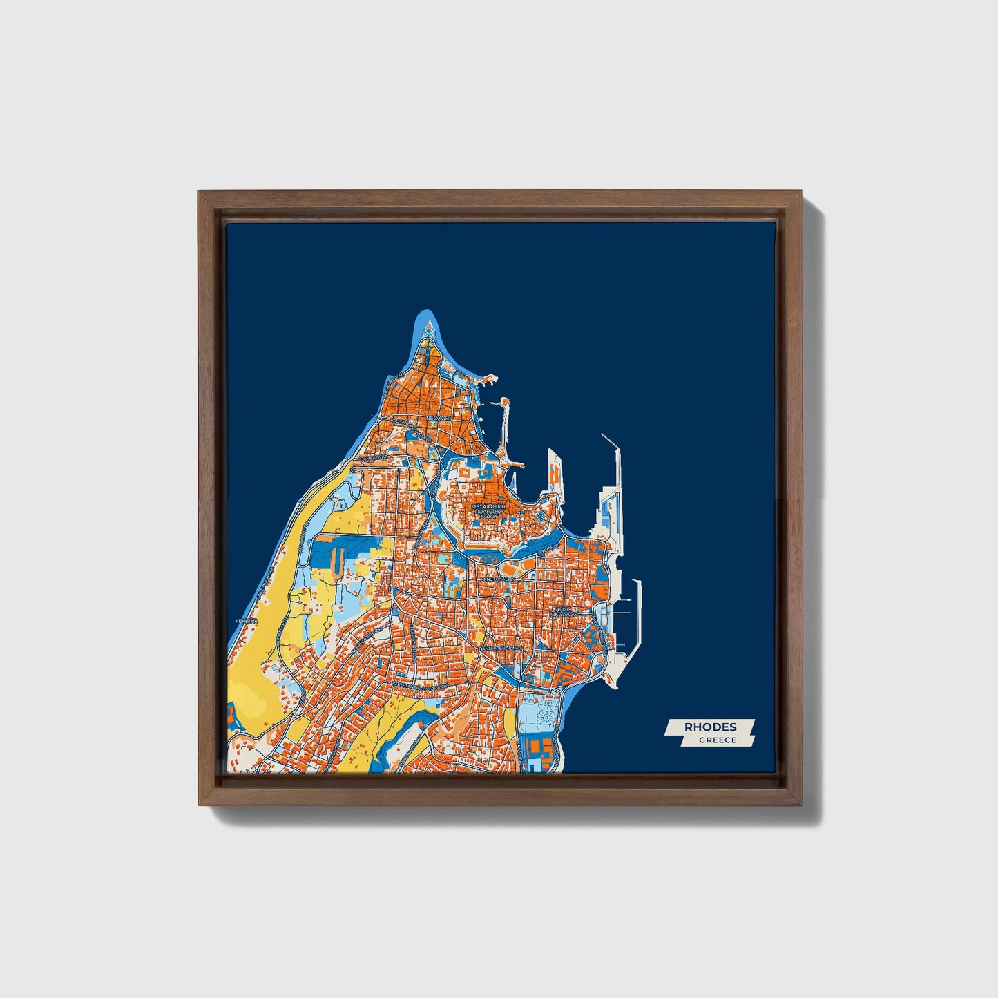 Ροδος Greece Colorful City Map Canvas Print • Dark Wooden Framed