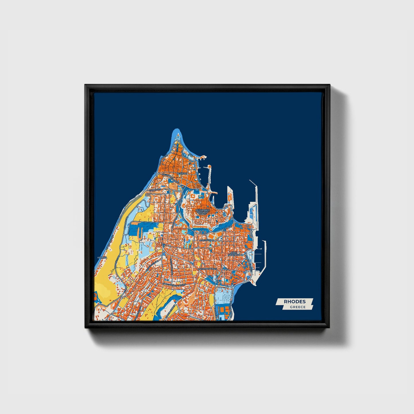 Ροδος Greece Colorful City Map Canvas Print • Black Framed