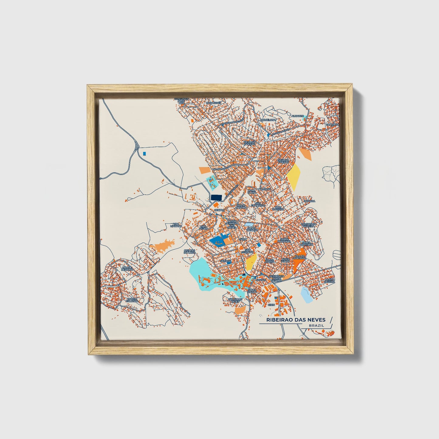 Ribeirao Das Neves Brazil Colorful City Map Canvas Print • Natural Wooden Framed