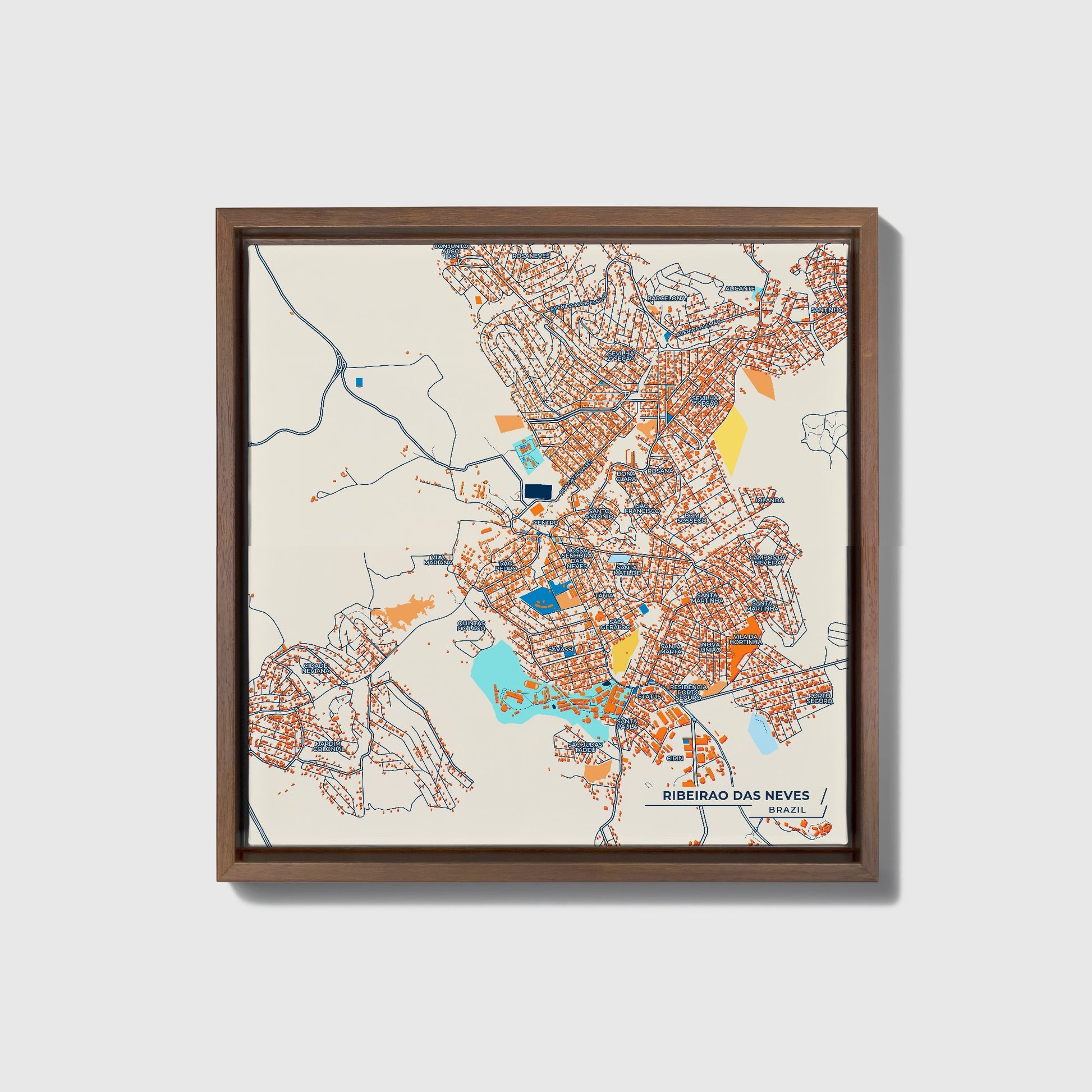 Ribeirao Das Neves Brazil Colorful City Map Canvas Print • Dark Wooden Framed