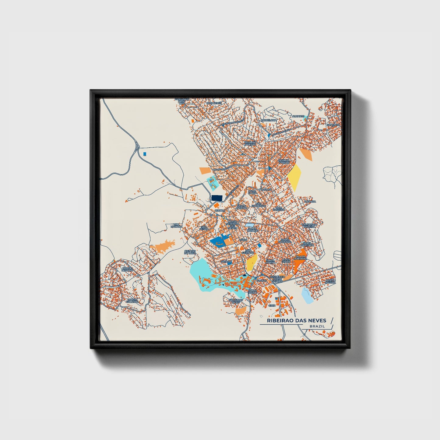 Ribeirao Das Neves Brazil Colorful City Map Canvas Print • Black Framed