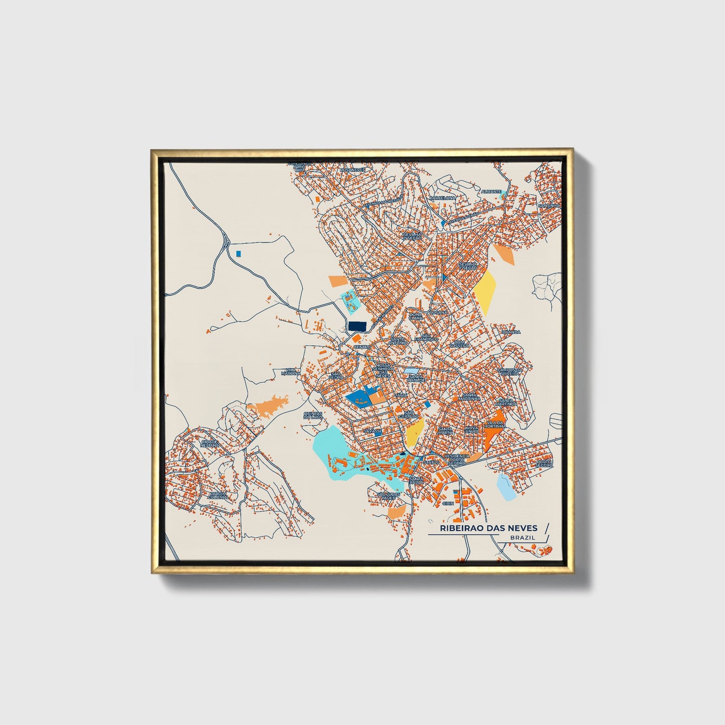 Ribeirao Das Neves Brazil Colorful City Map Canvas Print • Gold Framed
