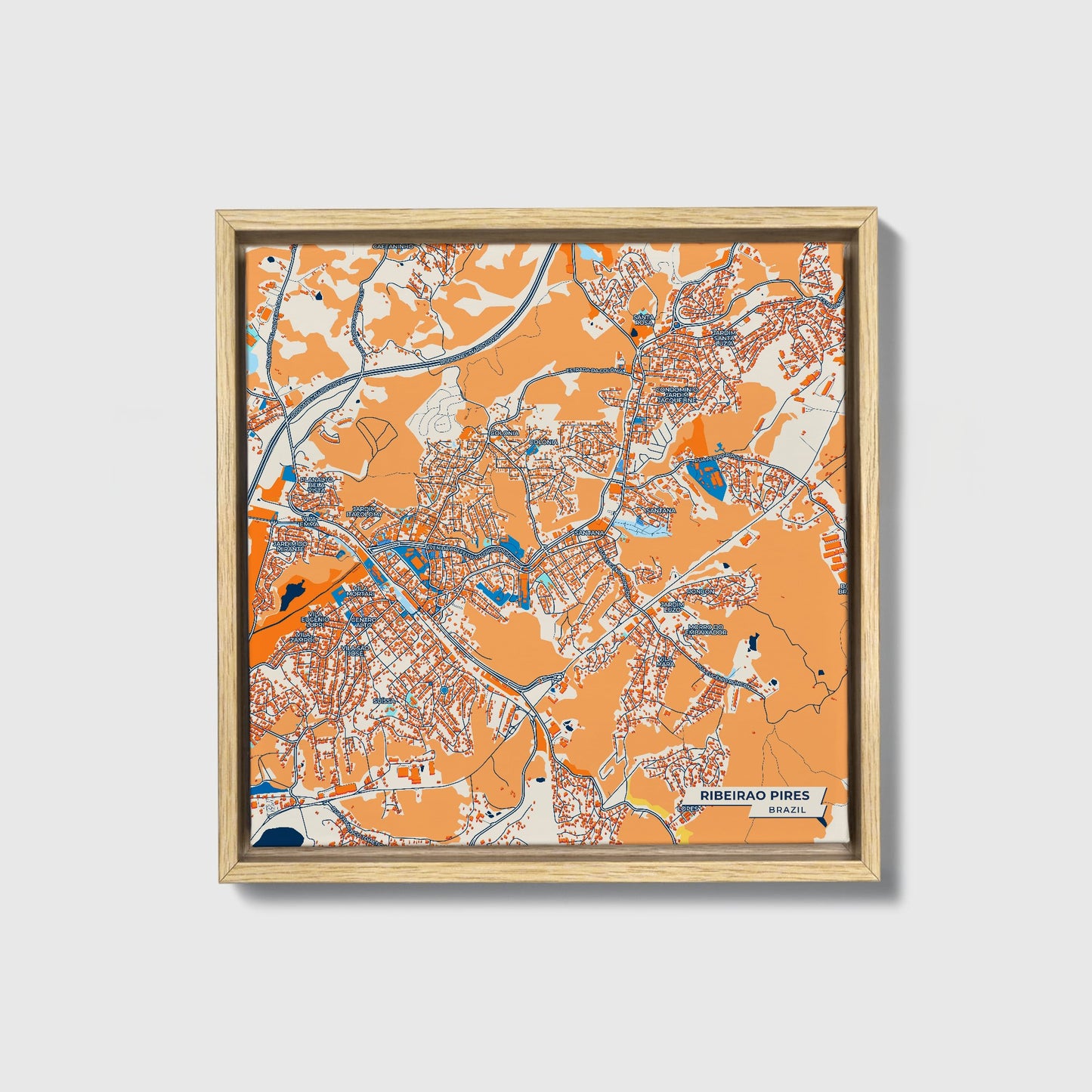 Ribeirao Pires Brazil Colorful City Map Canvas Print • Natural Wooden Framed