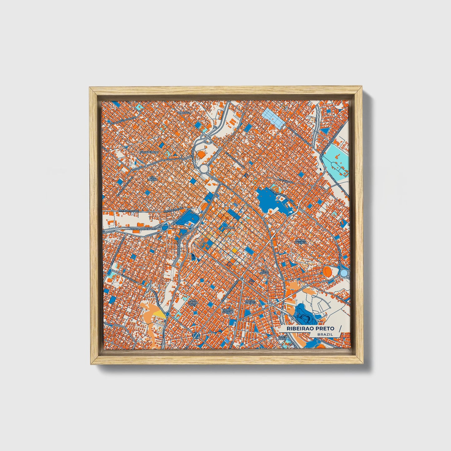 Ribeirao Preto Brazil Colorful City Map Canvas Print • Natural Wooden Framed