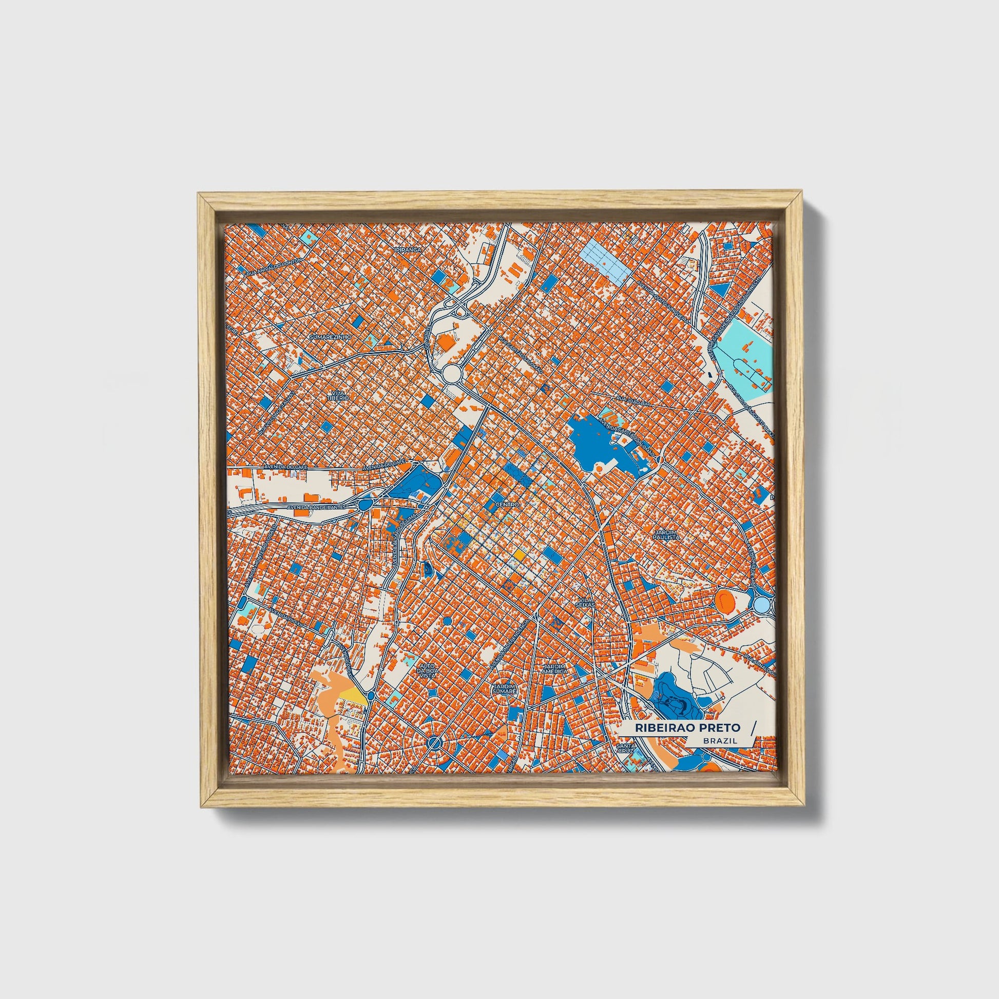 Ribeirao Preto Brazil Colorful City Map Canvas Print • Natural Wooden Framed