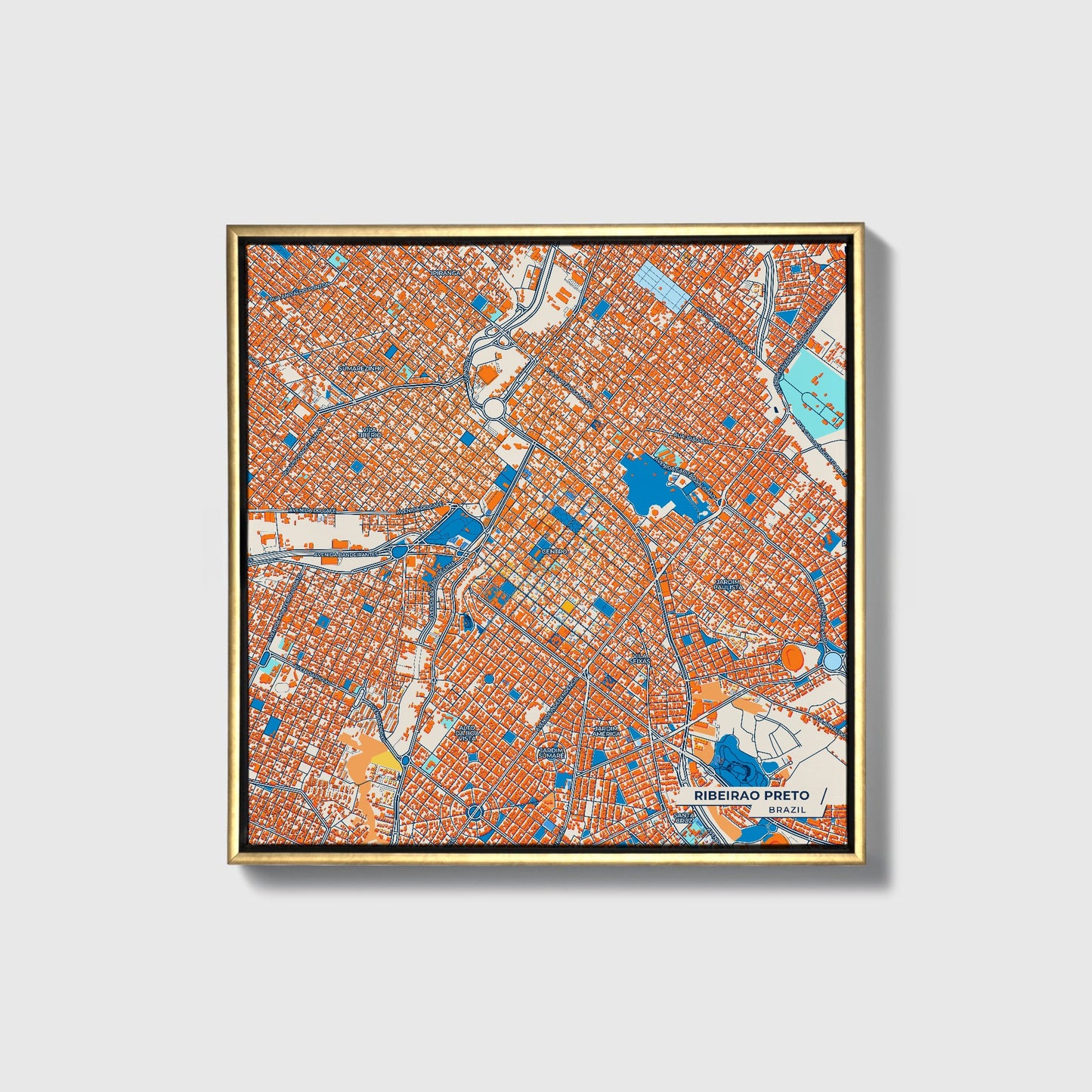 Ribeirao Preto Brazil Colorful City Map Canvas Print • Gold Framed