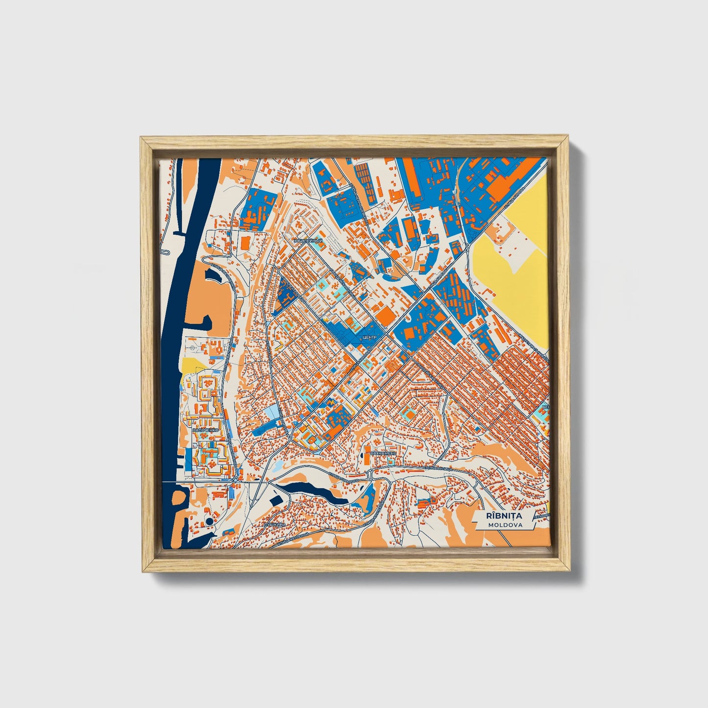 Rîbnița Moldova Colorful City Map Canvas Print • Natural Wooden Framed