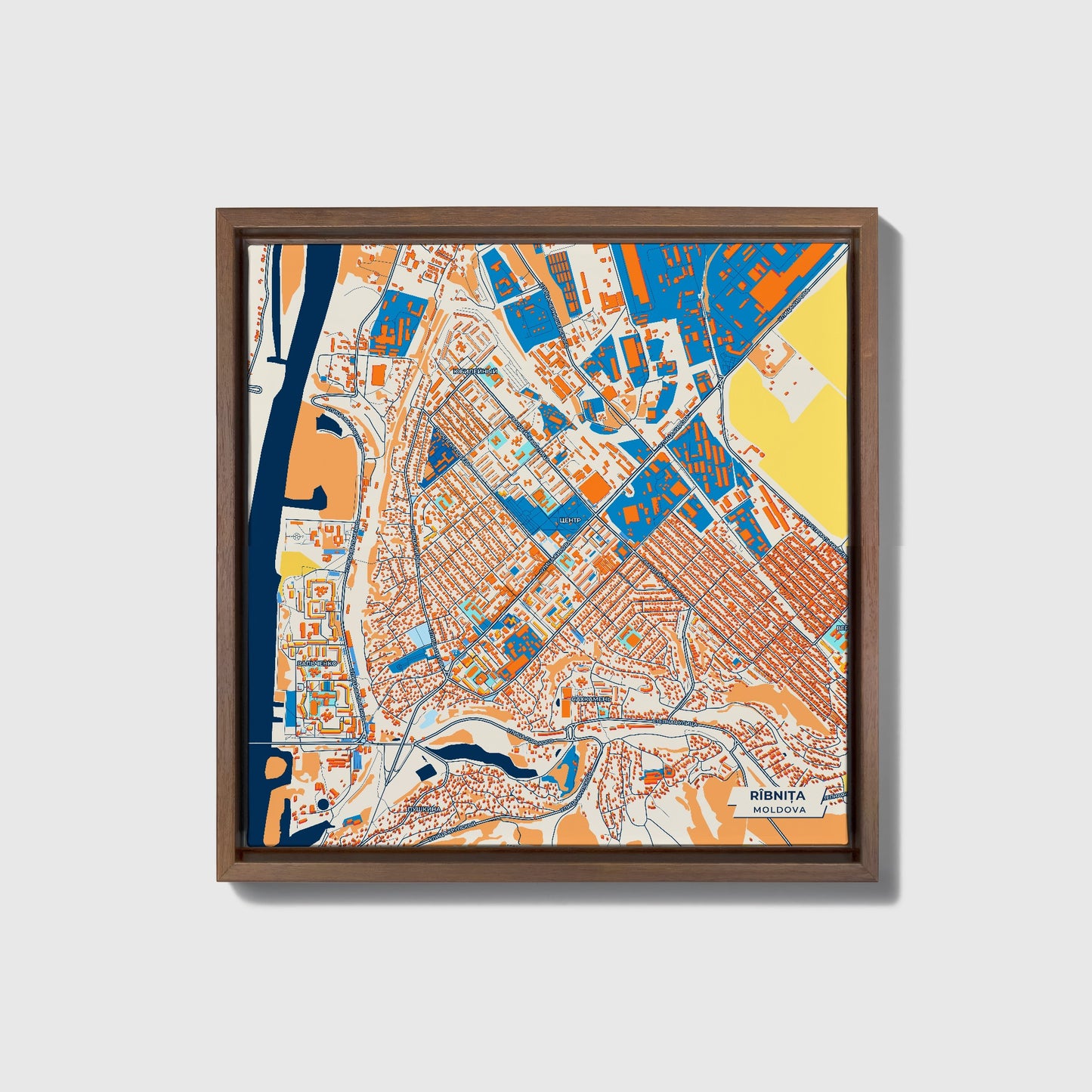 Rîbnița Moldova Colorful City Map Canvas Print • Dark Wooden Framed