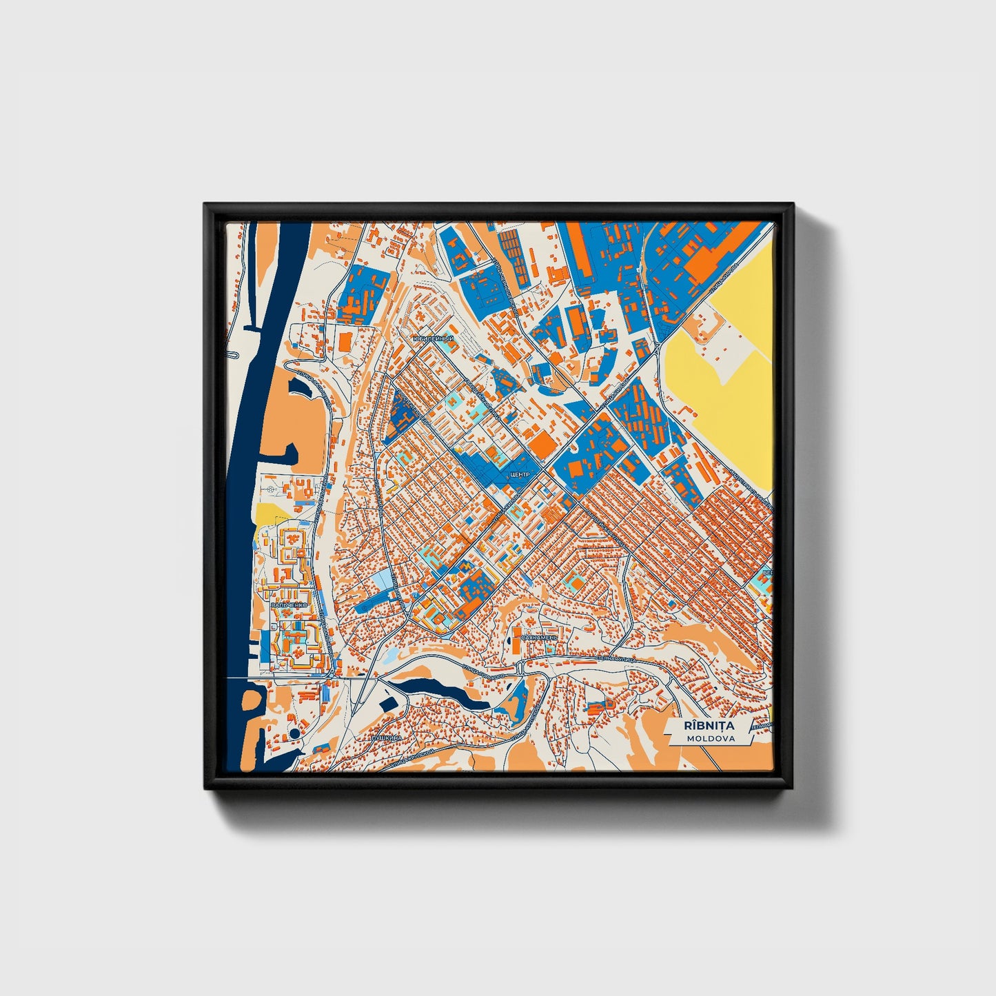 Rîbnița Moldova Colorful City Map Canvas Print • Black Framed