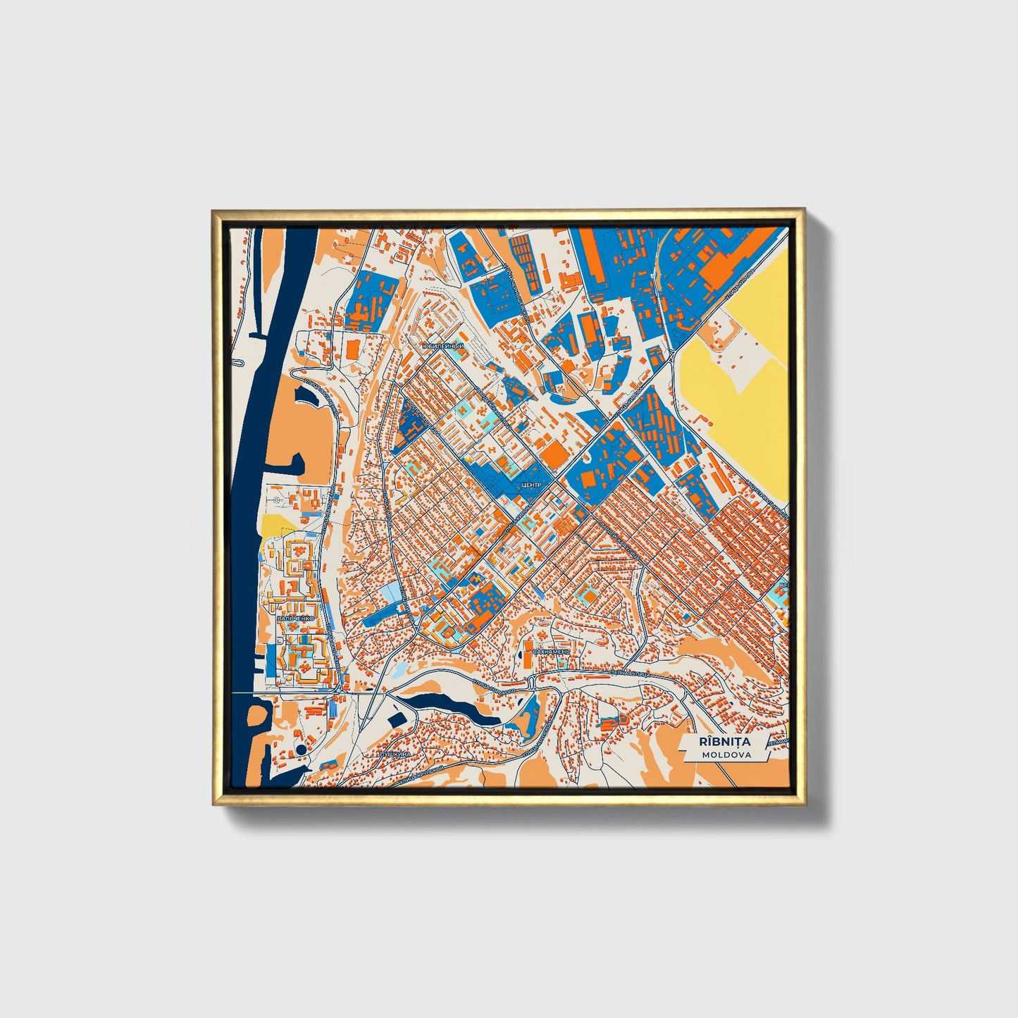 Rîbnița Moldova Colorful City Map Canvas Print • Gold Framed